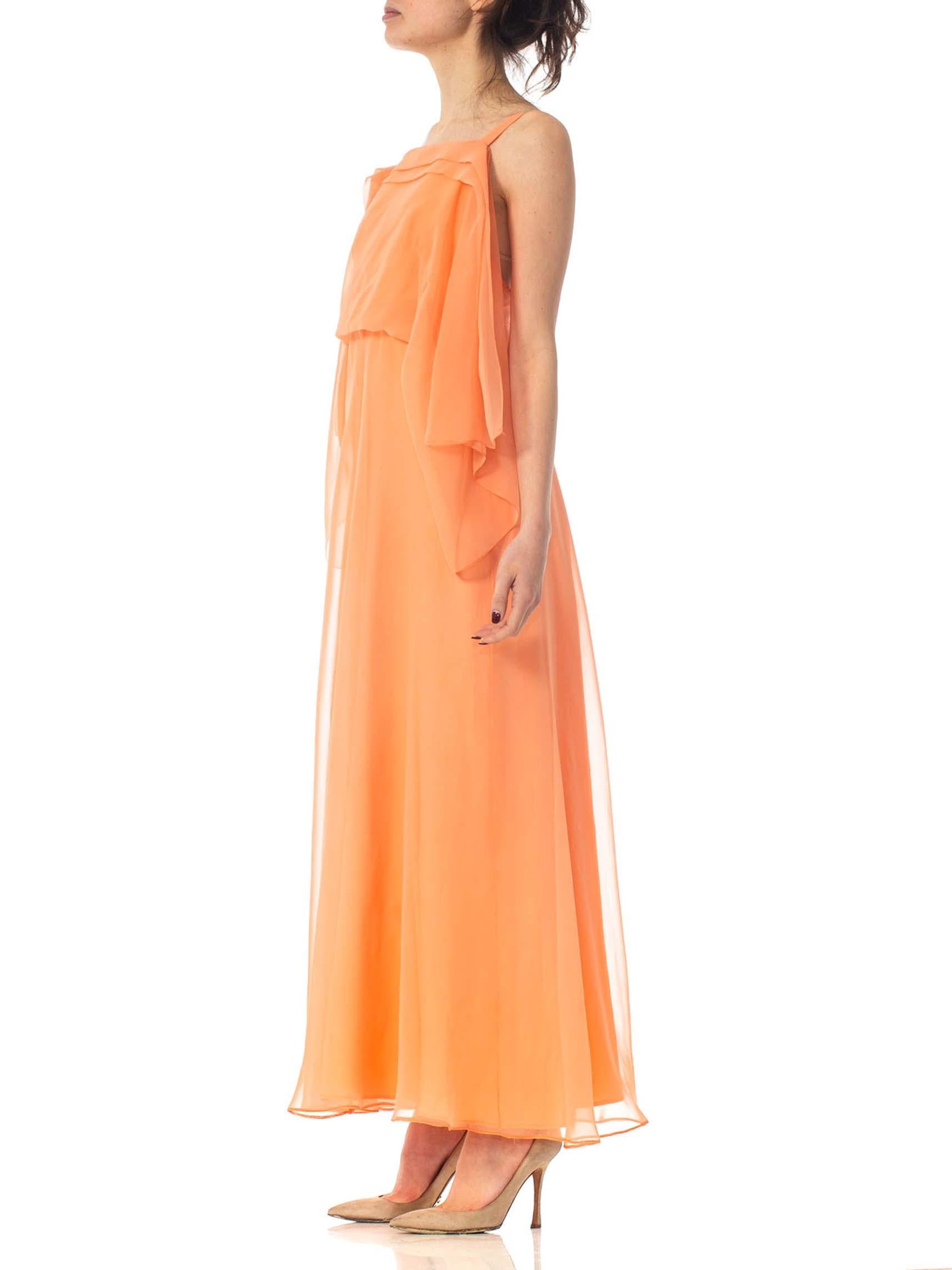 Orange 1970S JEAN VARON Peach Polyester Chiffon Backless Minimal Disco Goddess Gown For Sale