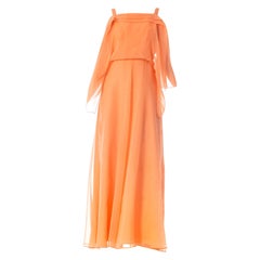 1970S JEAN VARON Peach Polyester Chiffon Backless Minimal Disco Goddess Gown