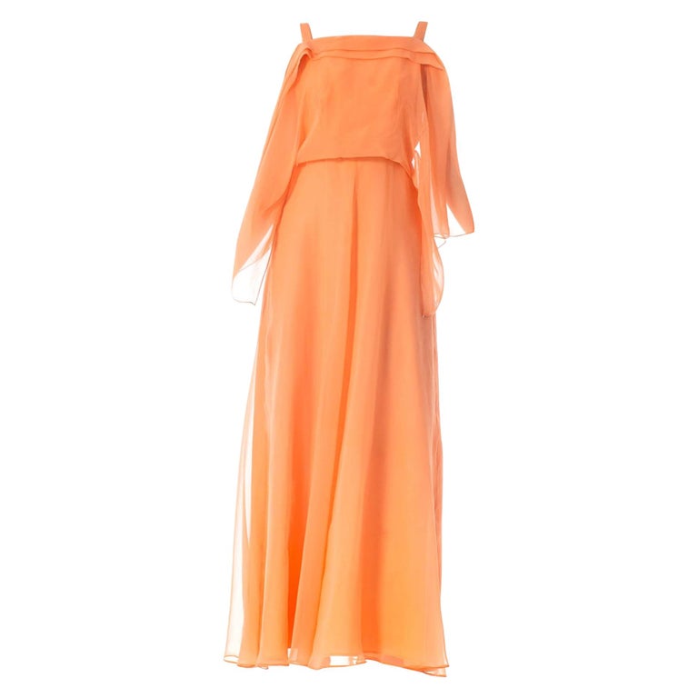1970s Jean Varon Peach Polyester Chiffon Backless Minimal Disco Goddess Gown