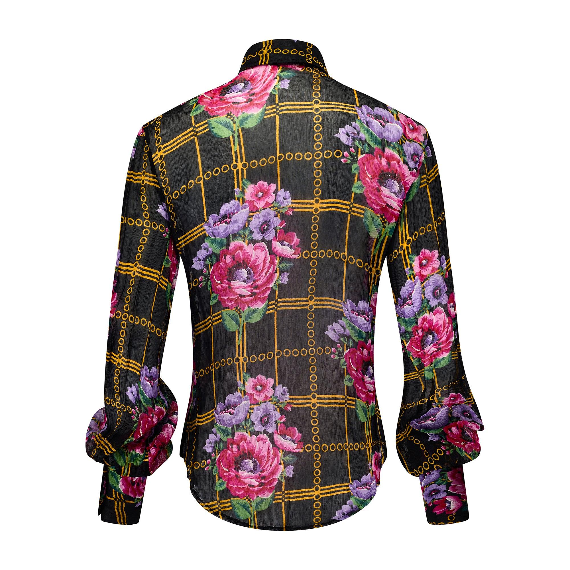 1970s Jeff Banks Black Yellow Geometric Floral Sheer Chiffon Shirt In Excellent Condition For Sale In London, GB