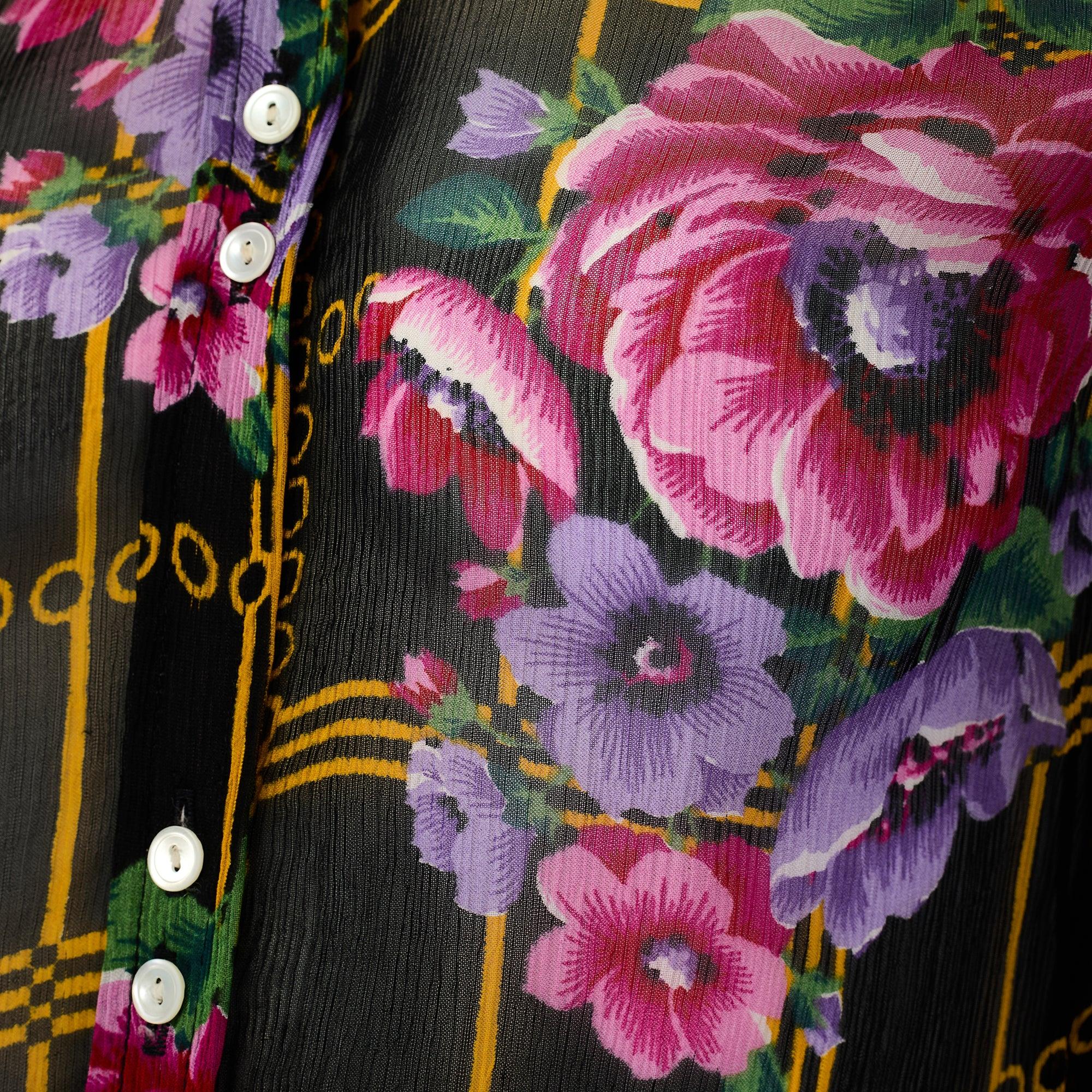 Women's 1970s Jeff Banks Black Yellow Geometric Floral Sheer Chiffon Shirt For Sale
