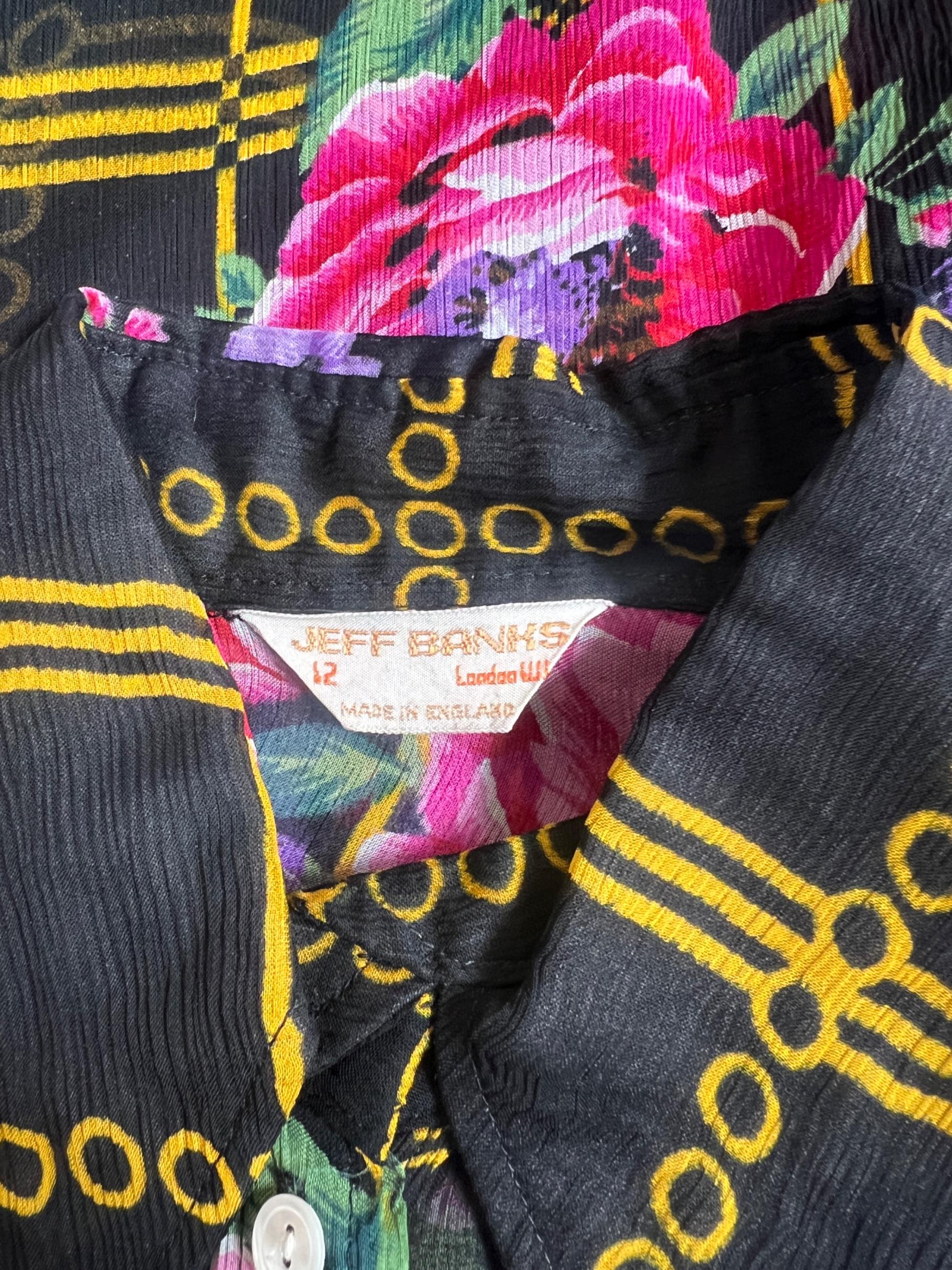 1970s Jeff Banks Black Yellow Geometric Floral Sheer Chiffon Shirt For Sale 1