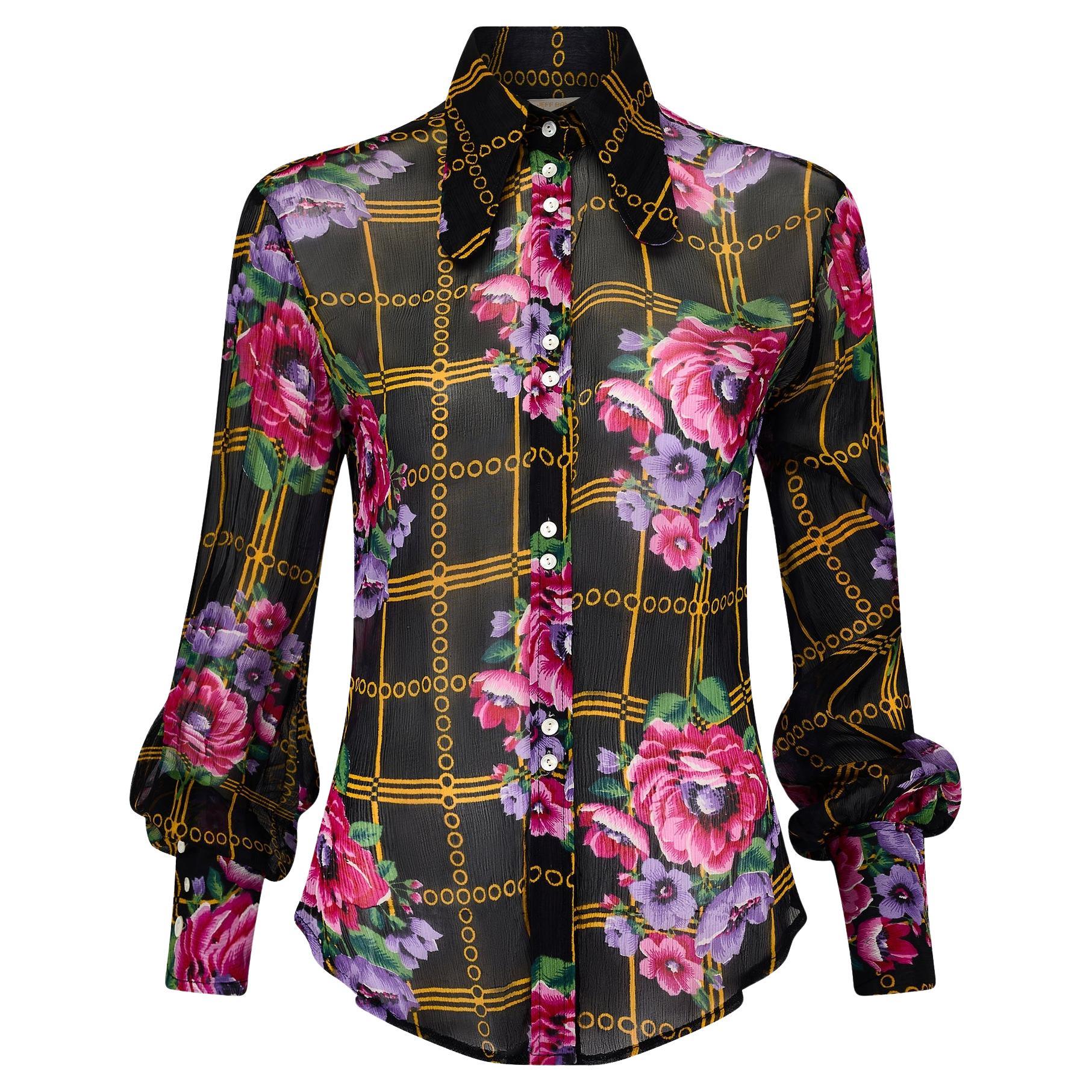 1970s Jeff Banks Black Yellow Geometric Floral Sheer Chiffon Shirt For Sale
