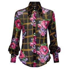 1970s Jeff Banks Black Yellow Geometric Floral Sheer Chiffon Shirt