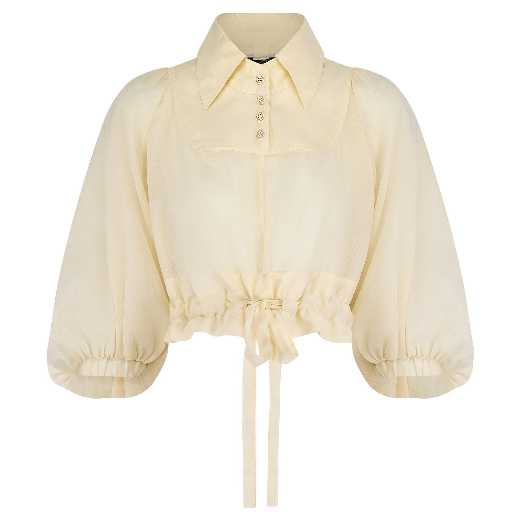 1970s Jeff Banks Cream Bell-Sleeve Crop Top with Drawstring Waist For Sale