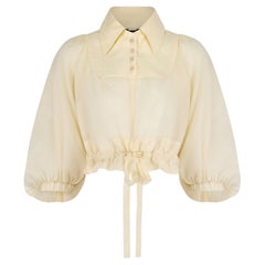 1970s Jeff Banks Cream Bell-Sleeve Crop Top with Drawstring Waist