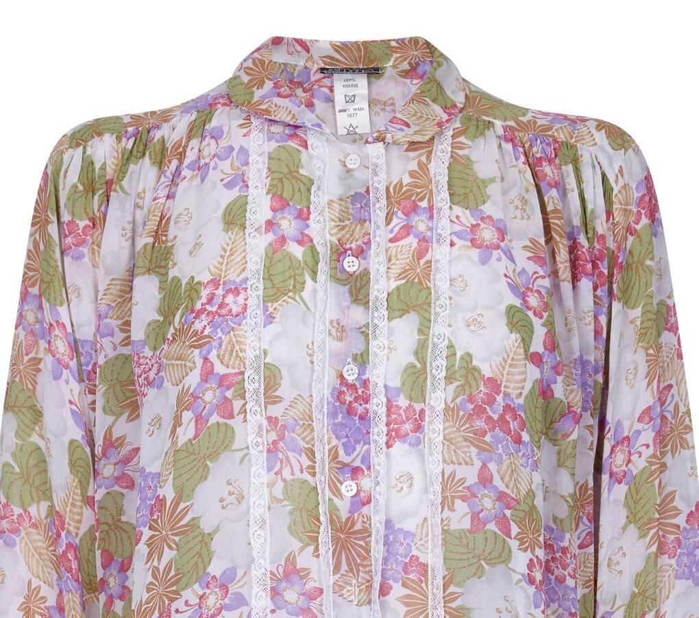 Gray 1970s Jeff Banks Floral Chiffon and Lace Blouse  For Sale