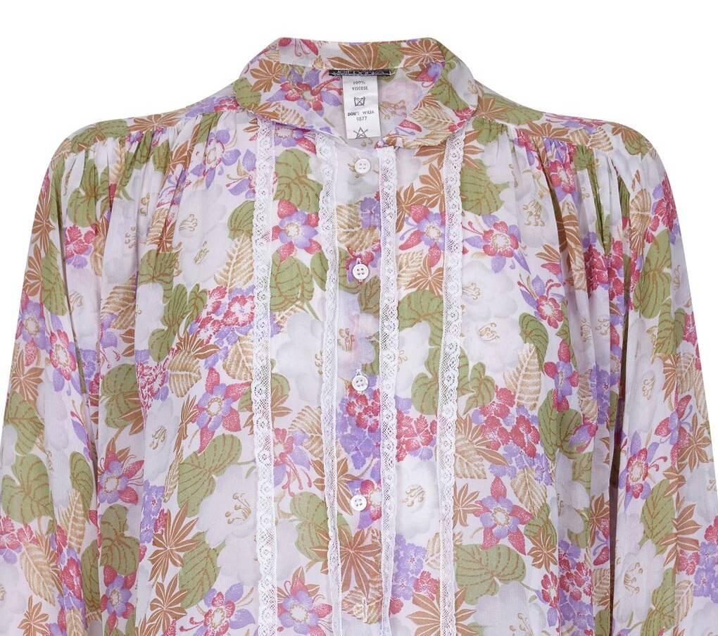Gray 1970s Jeff Banks Floral Chiffon and Lace Blouse For Sale