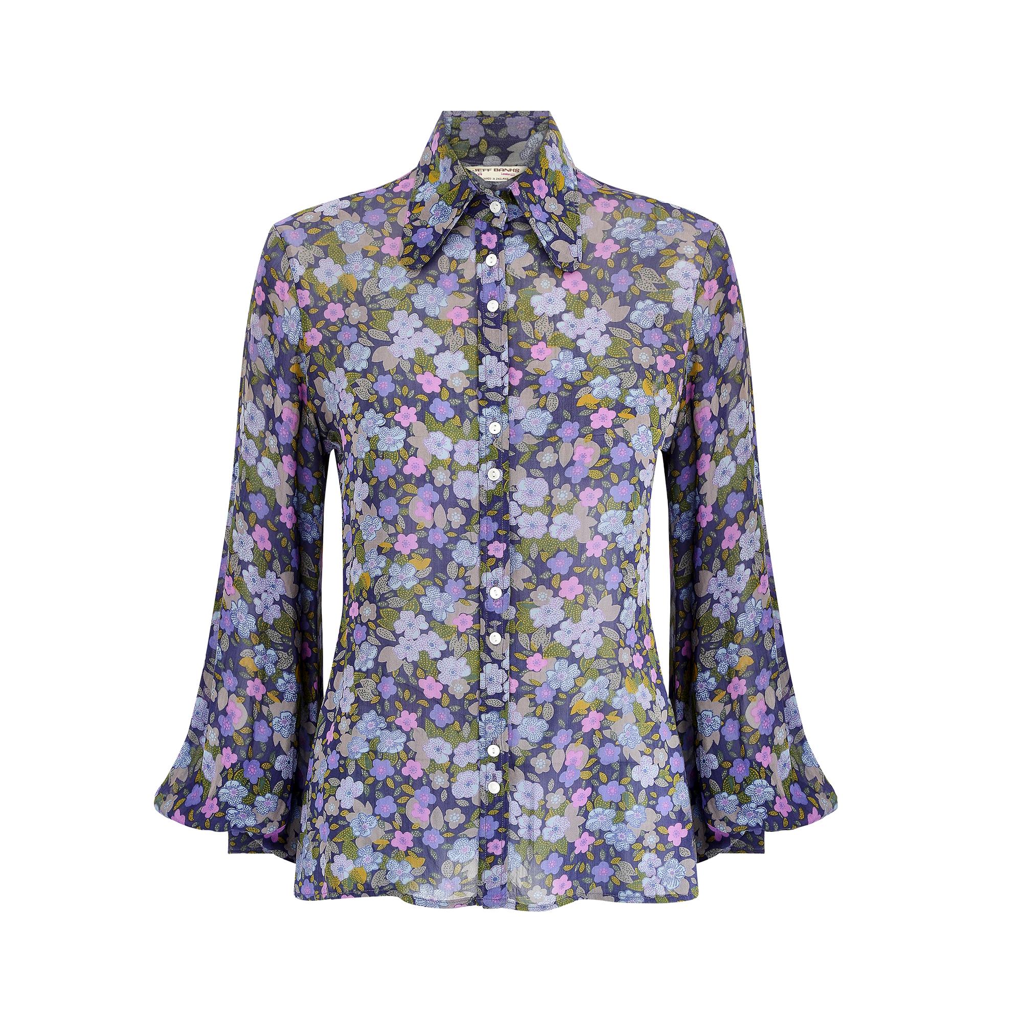 Fabulous late 1960s to early 1970s Jeff Banks colourful floral 'pop art' print shirt made from a very lightweight and floaty viscose type fabric. There are two buttons on each of the straight cuffs with a huge gathered balloon or poets sleeve. The