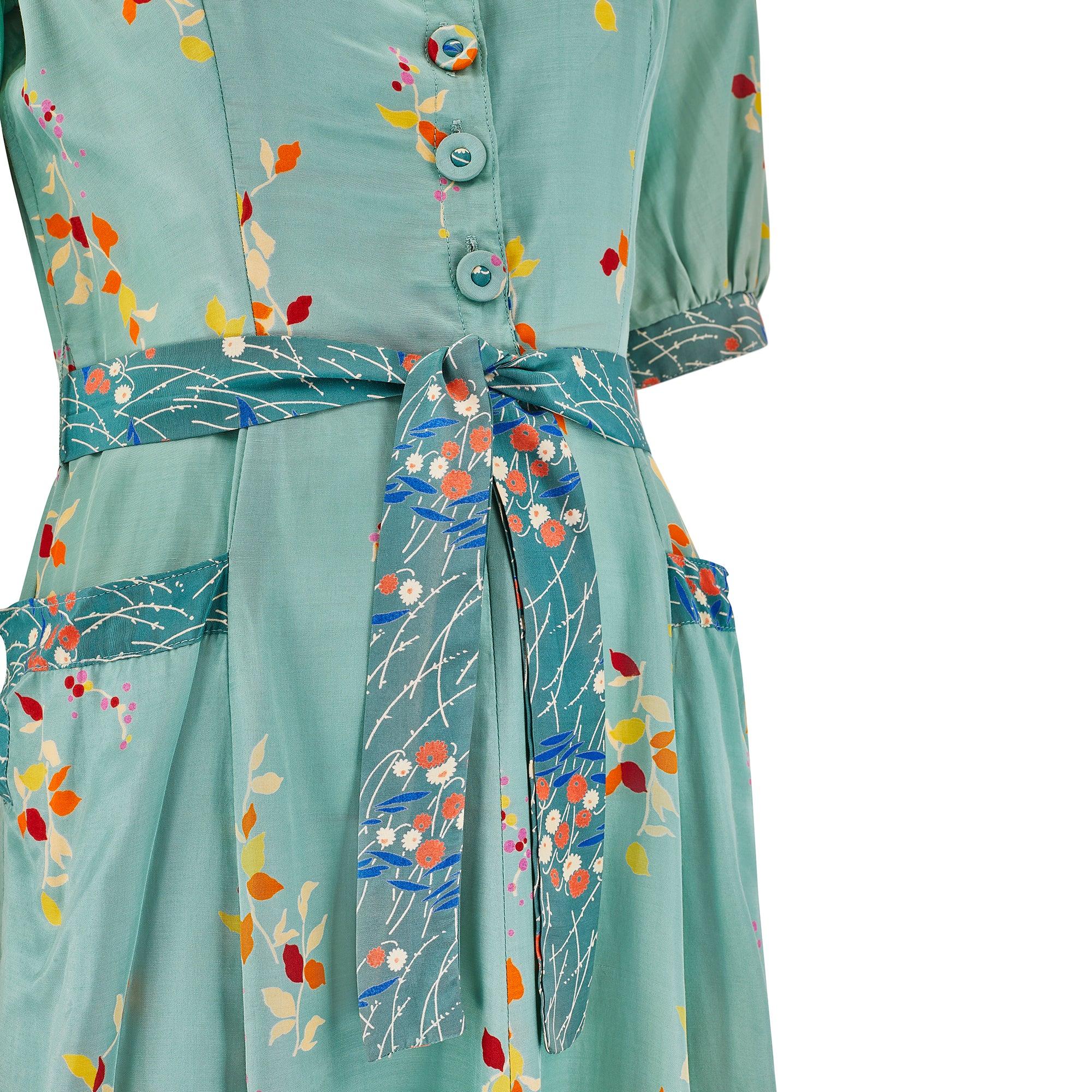 1970s Jeff Banks Seafoam Green Dress with Floral Print In Good Condition For Sale In London, GB
