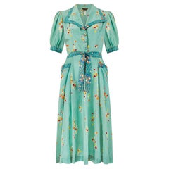 1970s Jeff Banks Seafoam Green Dress with Floral Print
