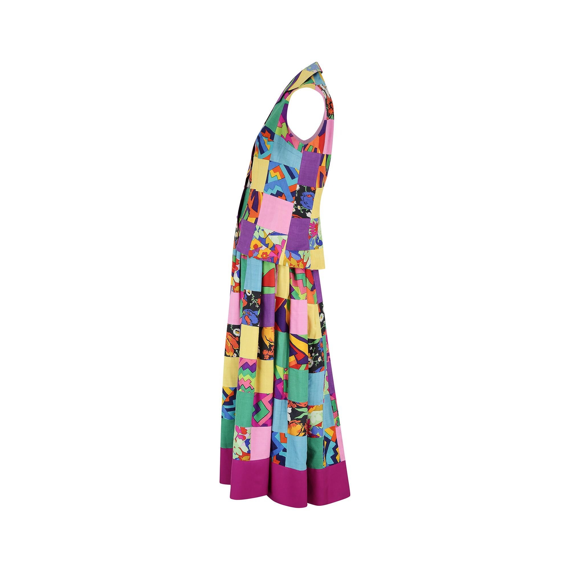 Gris 1970 Jennifer Lucas Combinaison veste et jupe en soie patchwork en vente