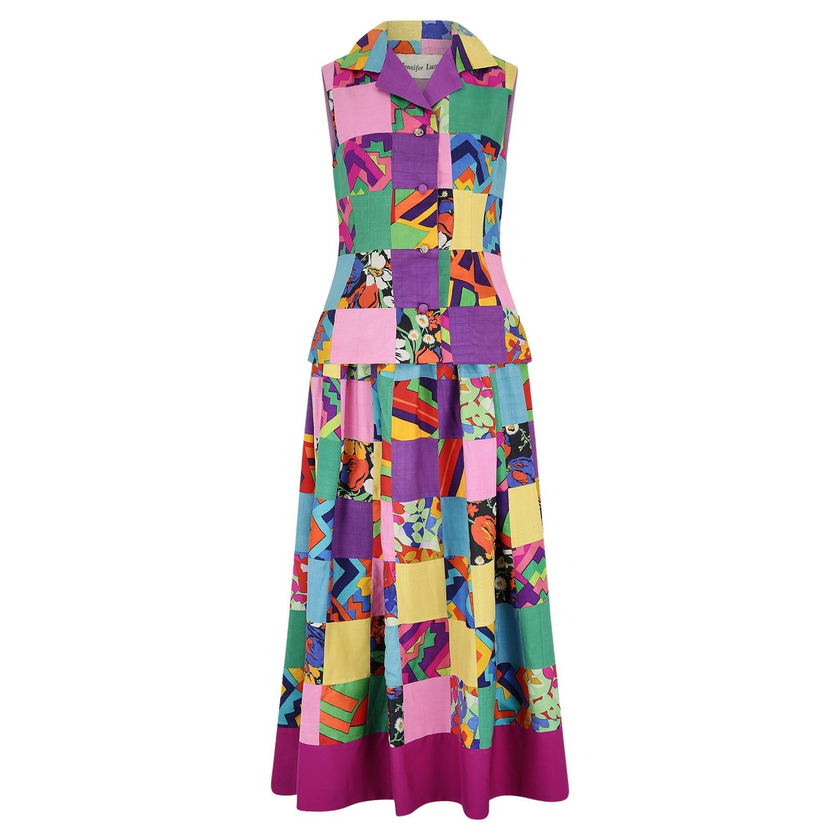 1970s Jennifer Lucas Patchwork Silk Jacket and Skirt Suit For Sale