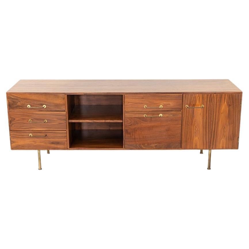 1970s Jens Risom Design 72 inch Credenza / Cabinet in Walnut and Brass