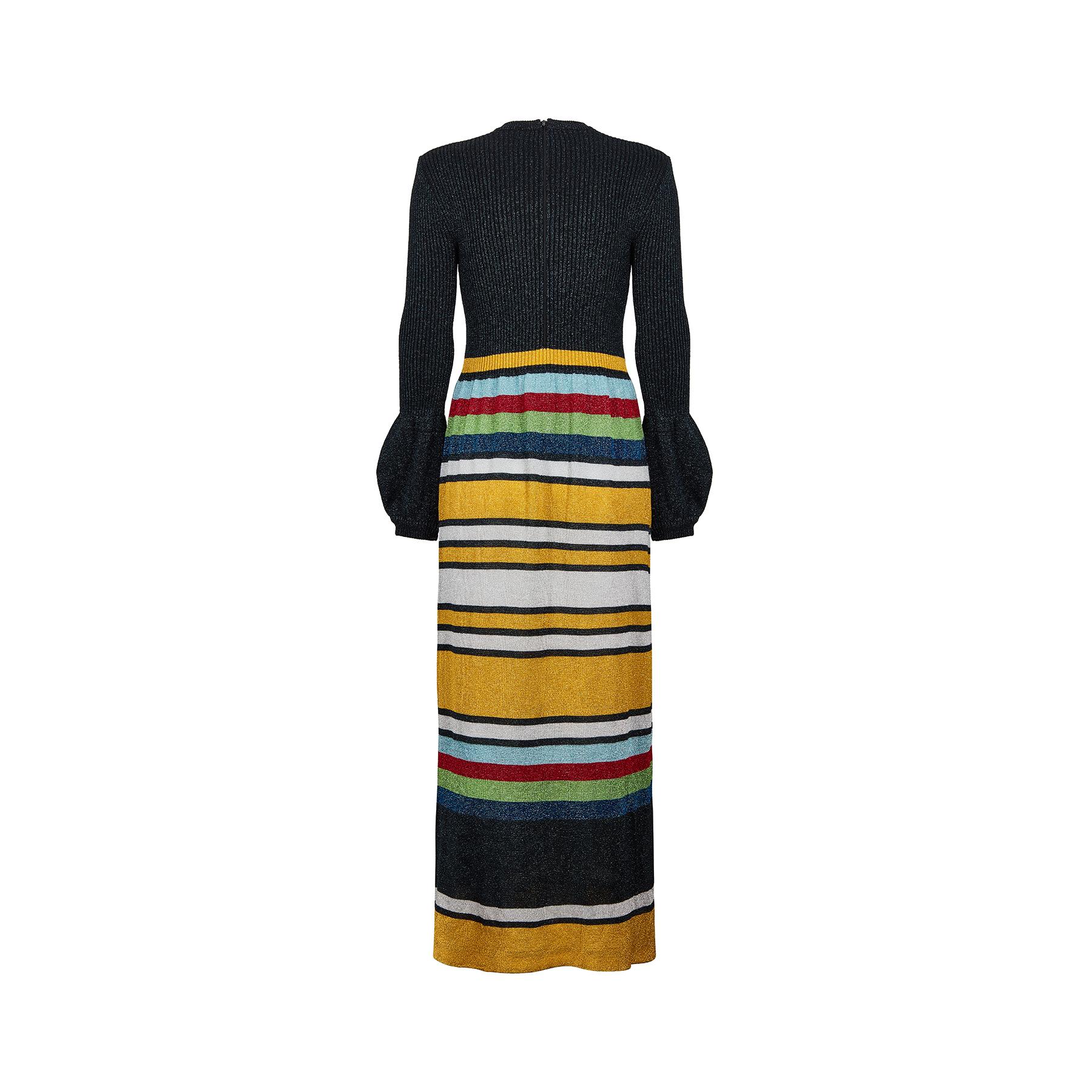 Black 1970s Jersey Masters Metallic Knit Bell Sleeve Maxi Dress For Sale