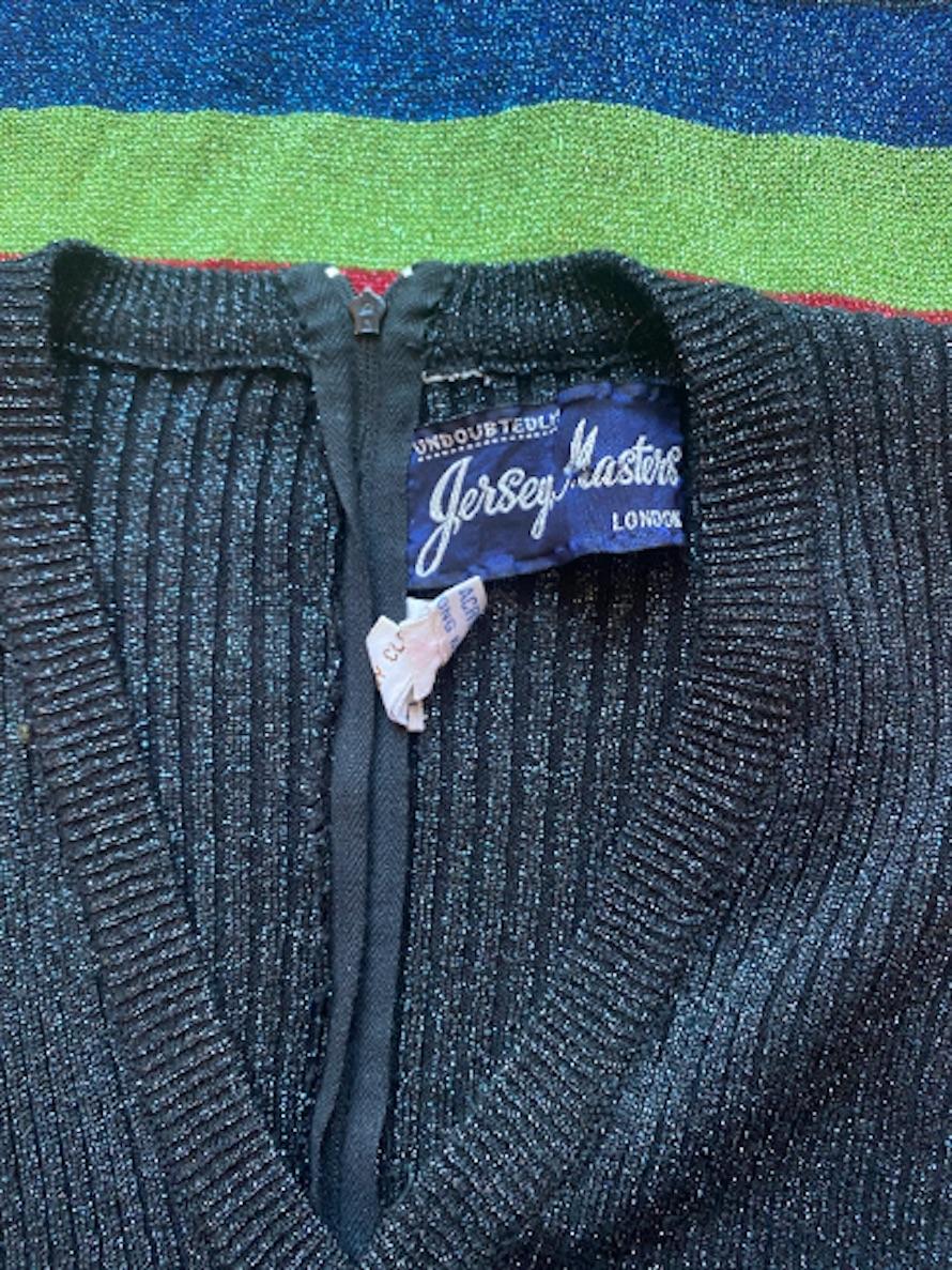 1970s Jersey Masters Metallic Knit Bell Sleeve Maxi Dress en vente 1