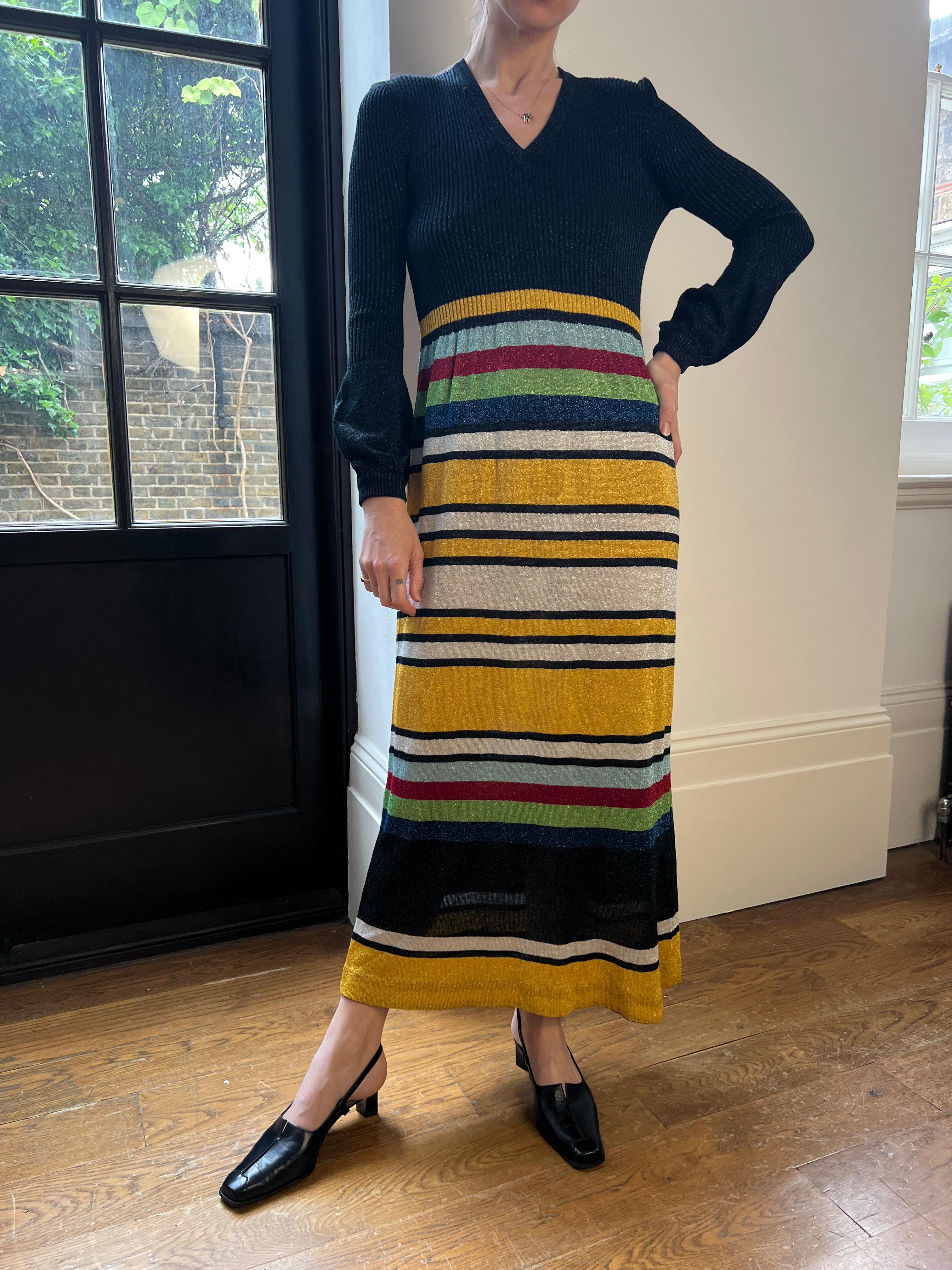 1970s Jersey Masters Metallic Knit Bell Sleeve Maxi Dress For Sale 2