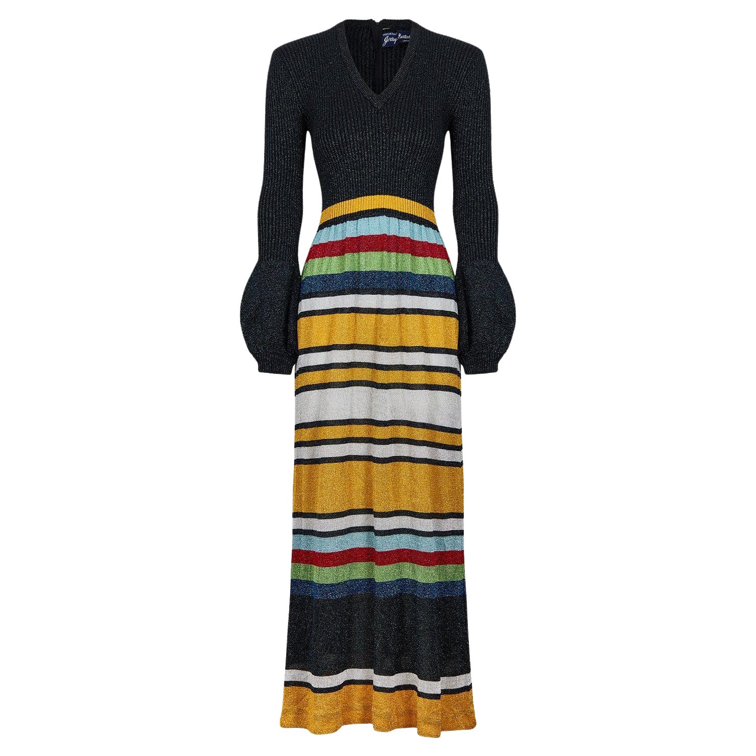 1970s Jersey Masters Metallic Knit Bell Sleeve Maxi Dress