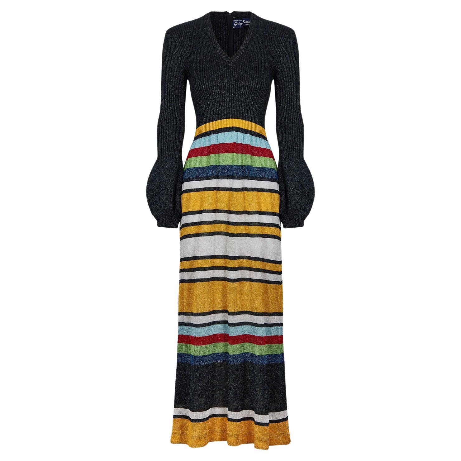 1970s Jersey Masters Metallic Knit Bell Sleeve Maxi Dress For Sale