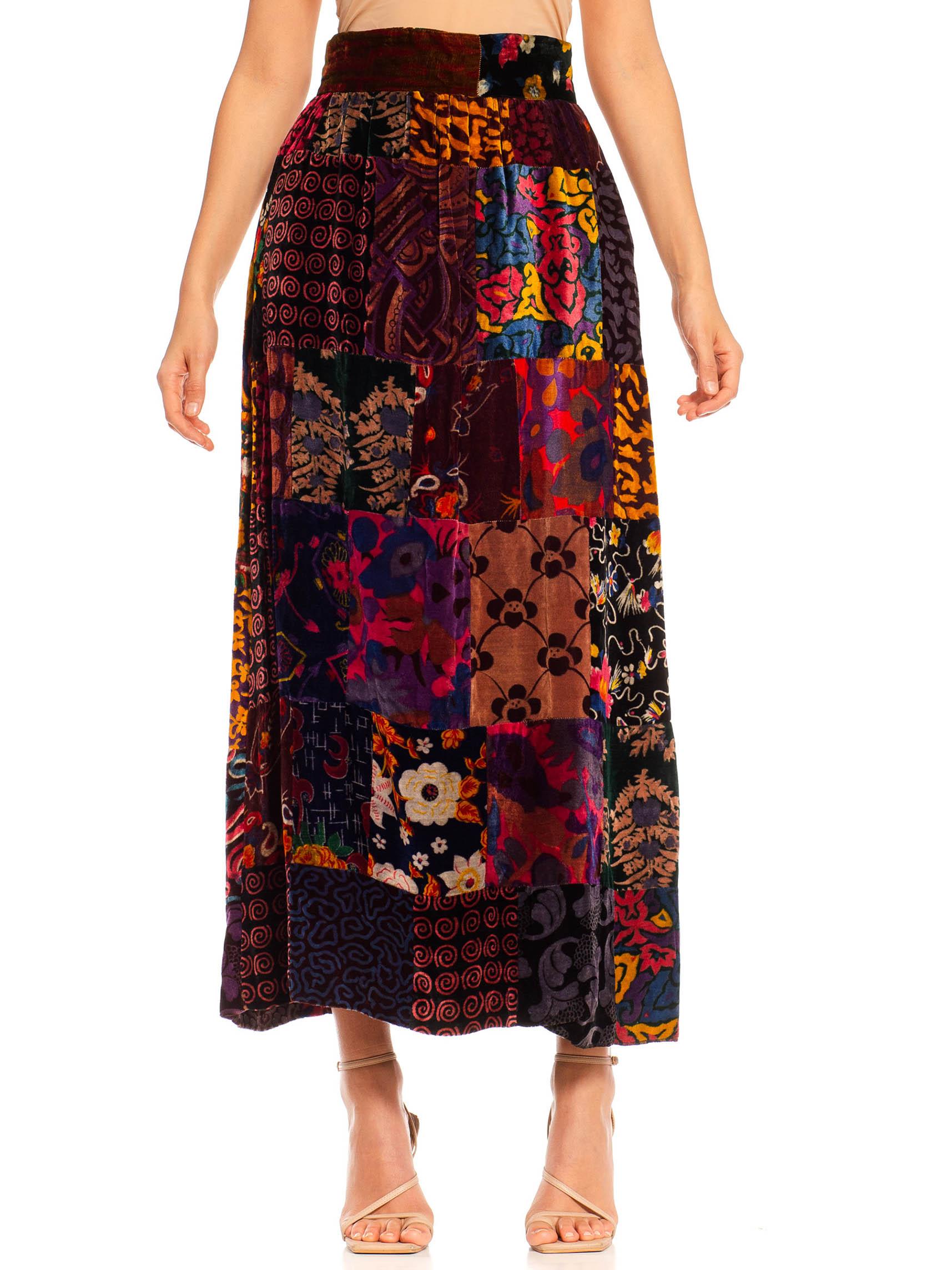 1970S Jewel-Tone Rayon Blend Velvet Hippy Patchwork Skirt For Sale 5