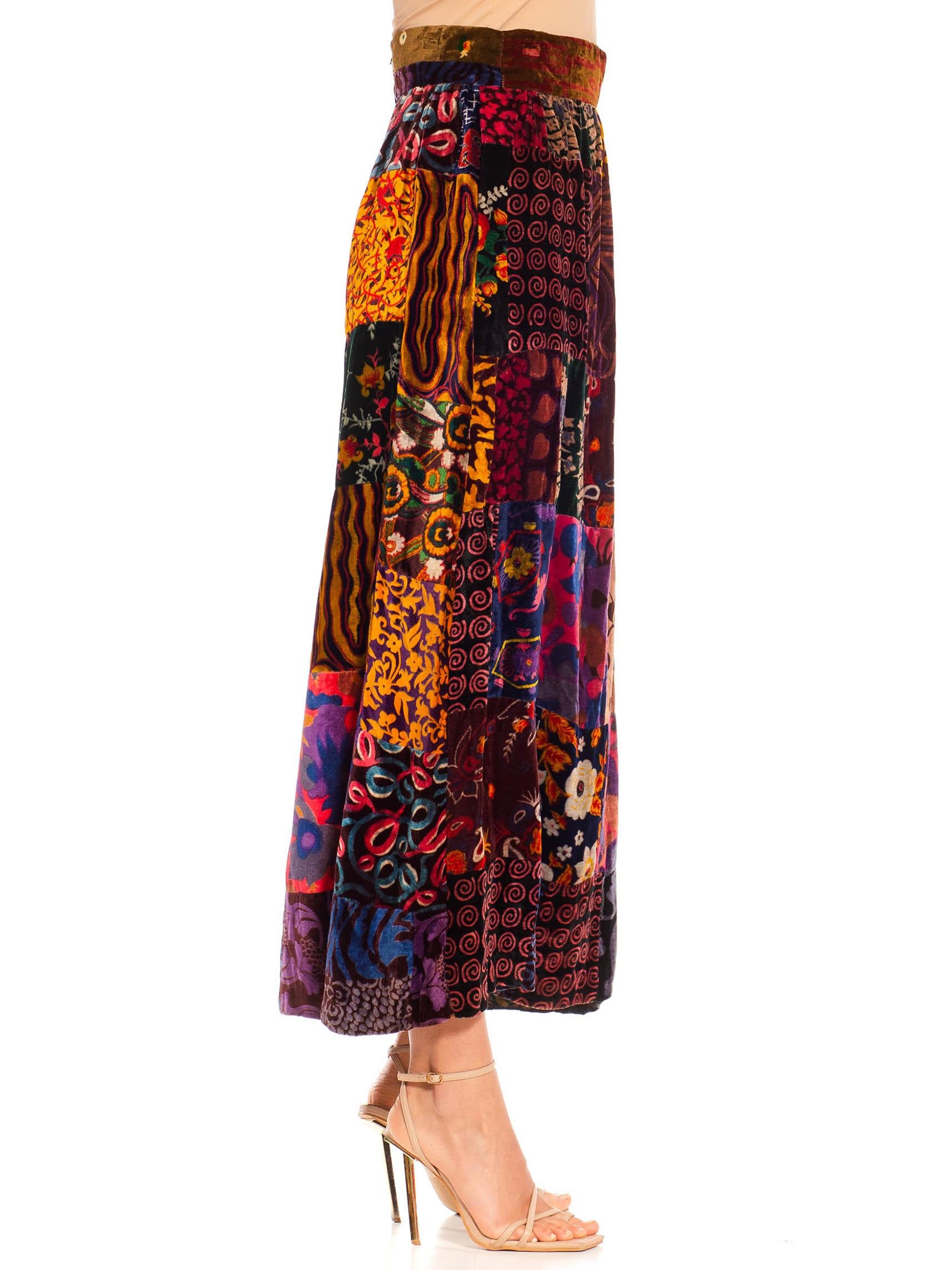 Black 1970S Jewel-Tone Rayon Blend Velvet Hippy Patchwork Skirt For Sale