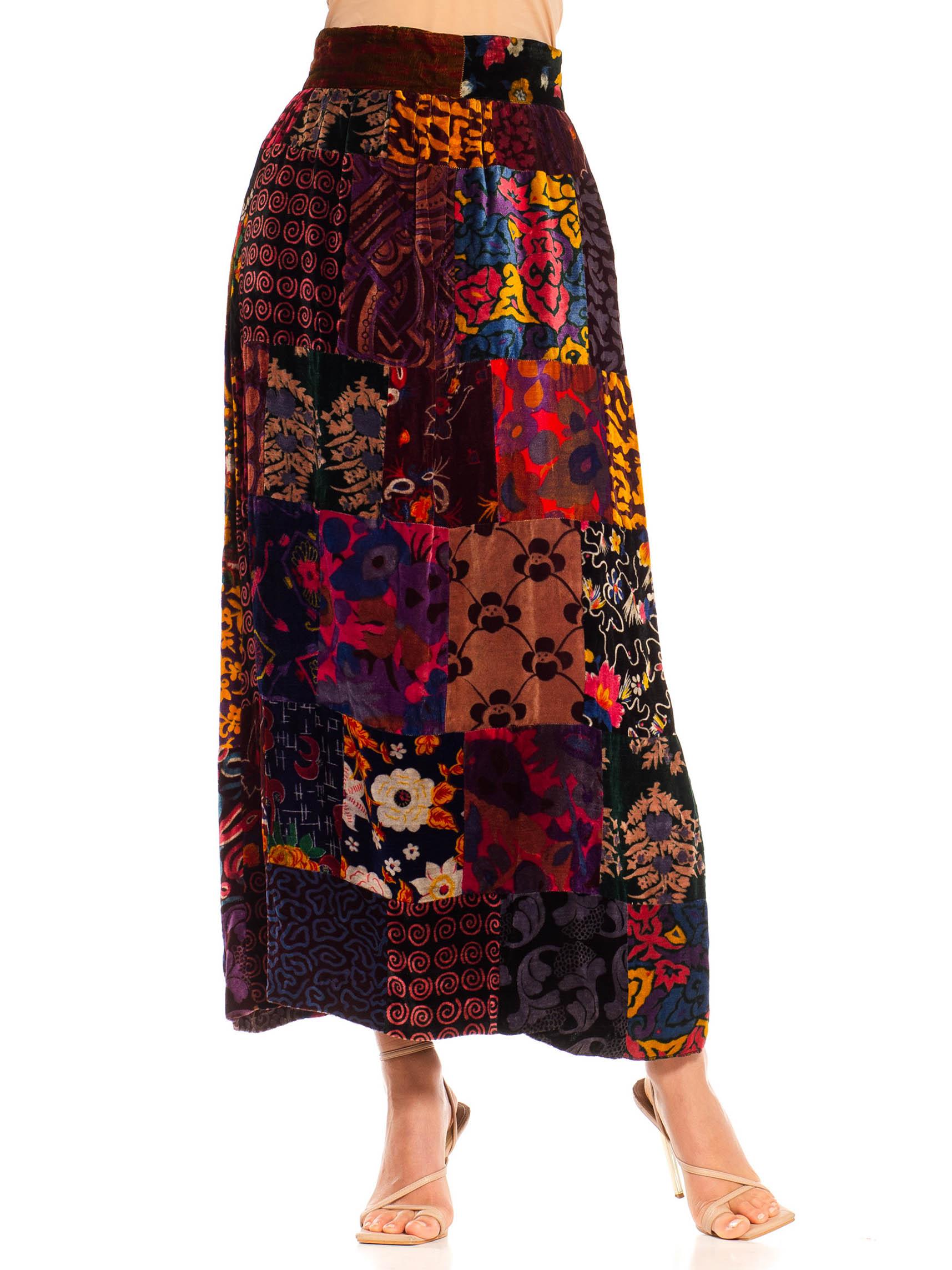 1970S Jewel-Tone Rayon Blend Velvet Hippy Patchwork Skirt In Excellent Condition For Sale In New York, NY