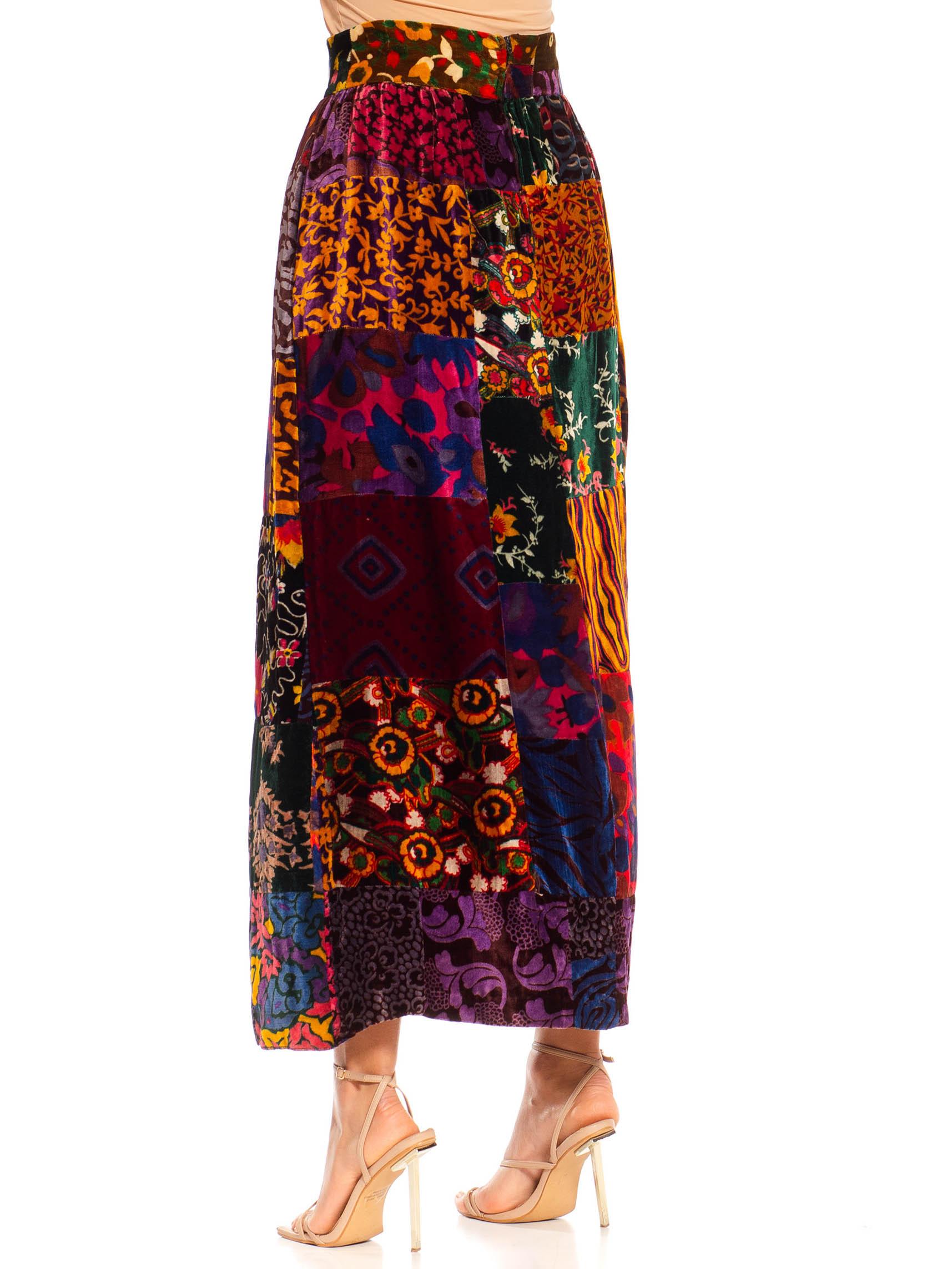 Women's 1970S Jewel-Tone Rayon Blend Velvet Hippy Patchwork Skirt For Sale