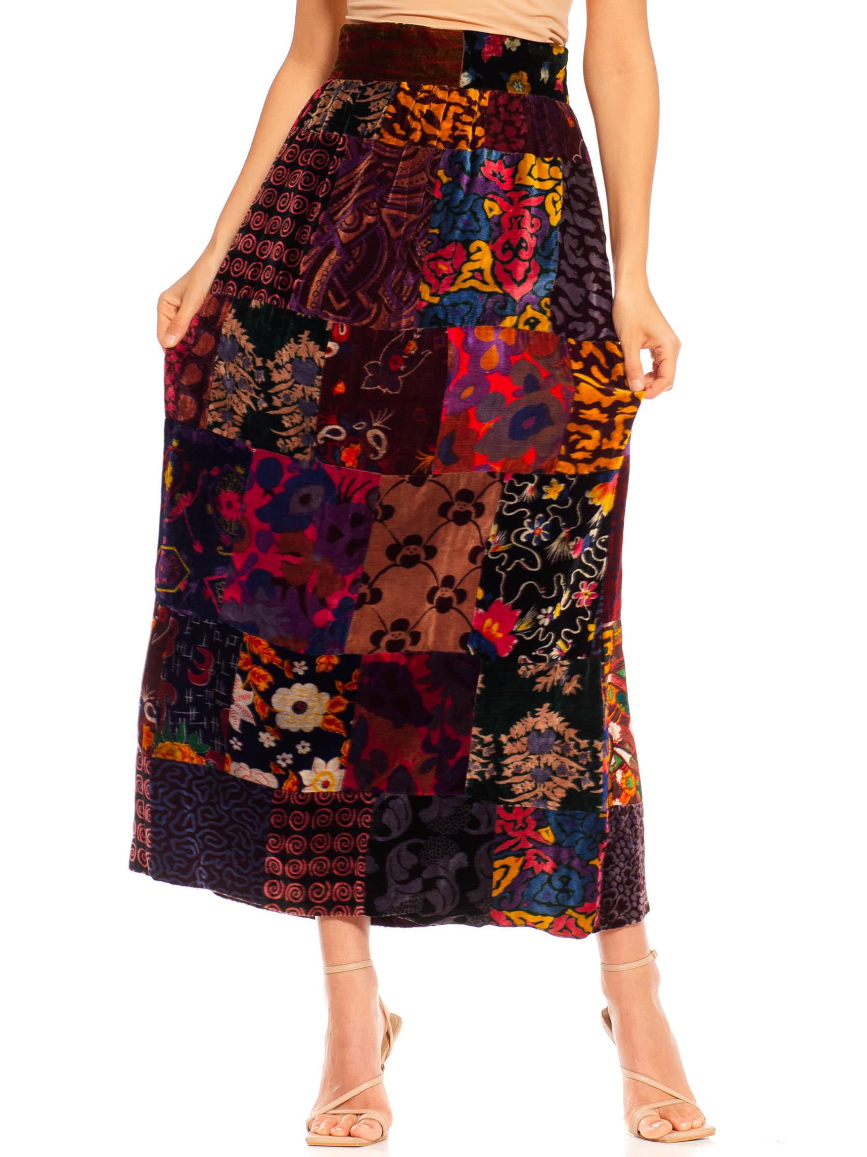 1970S Jewel-Tone Rayon Blend Velvet Hippy Patchwork Skirt For Sale 1