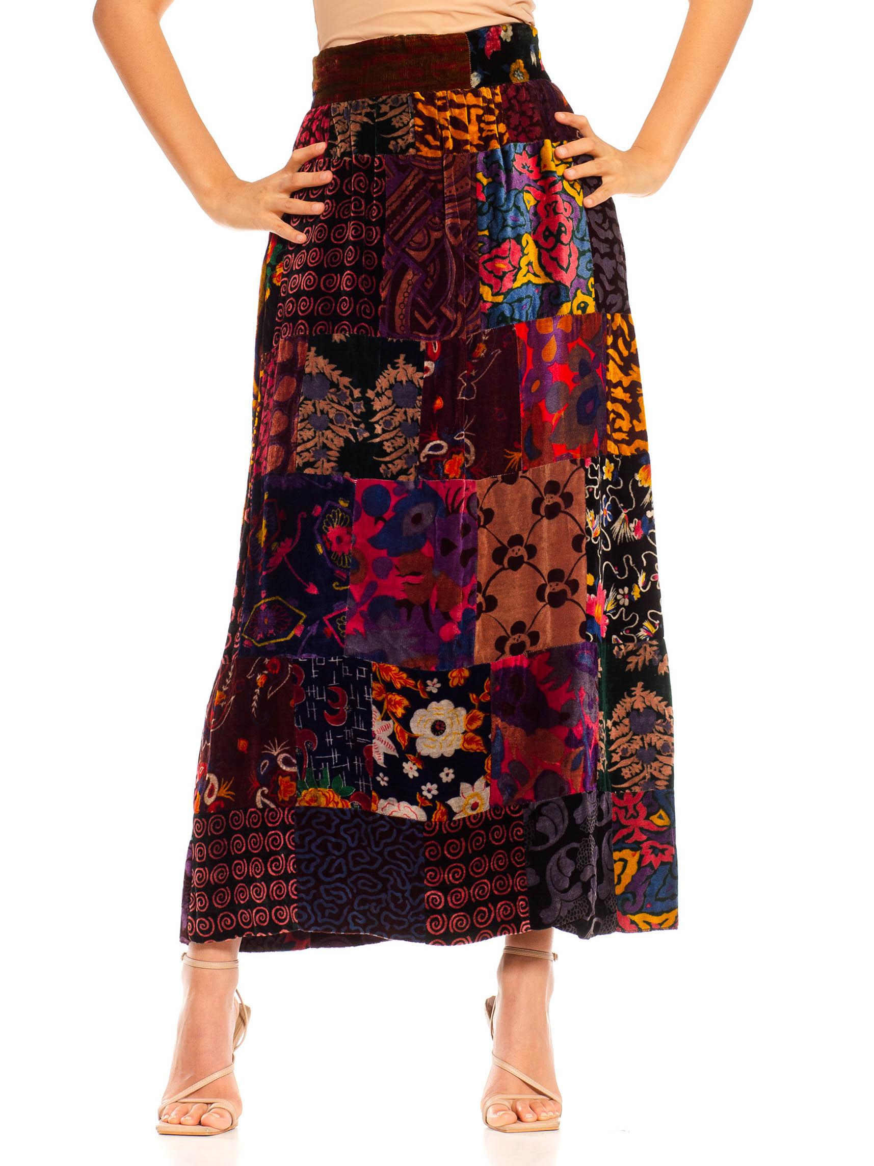 1970S Jewel-Tone Rayon Blend Velvet Hippy Patchwork Skirt For Sale 2