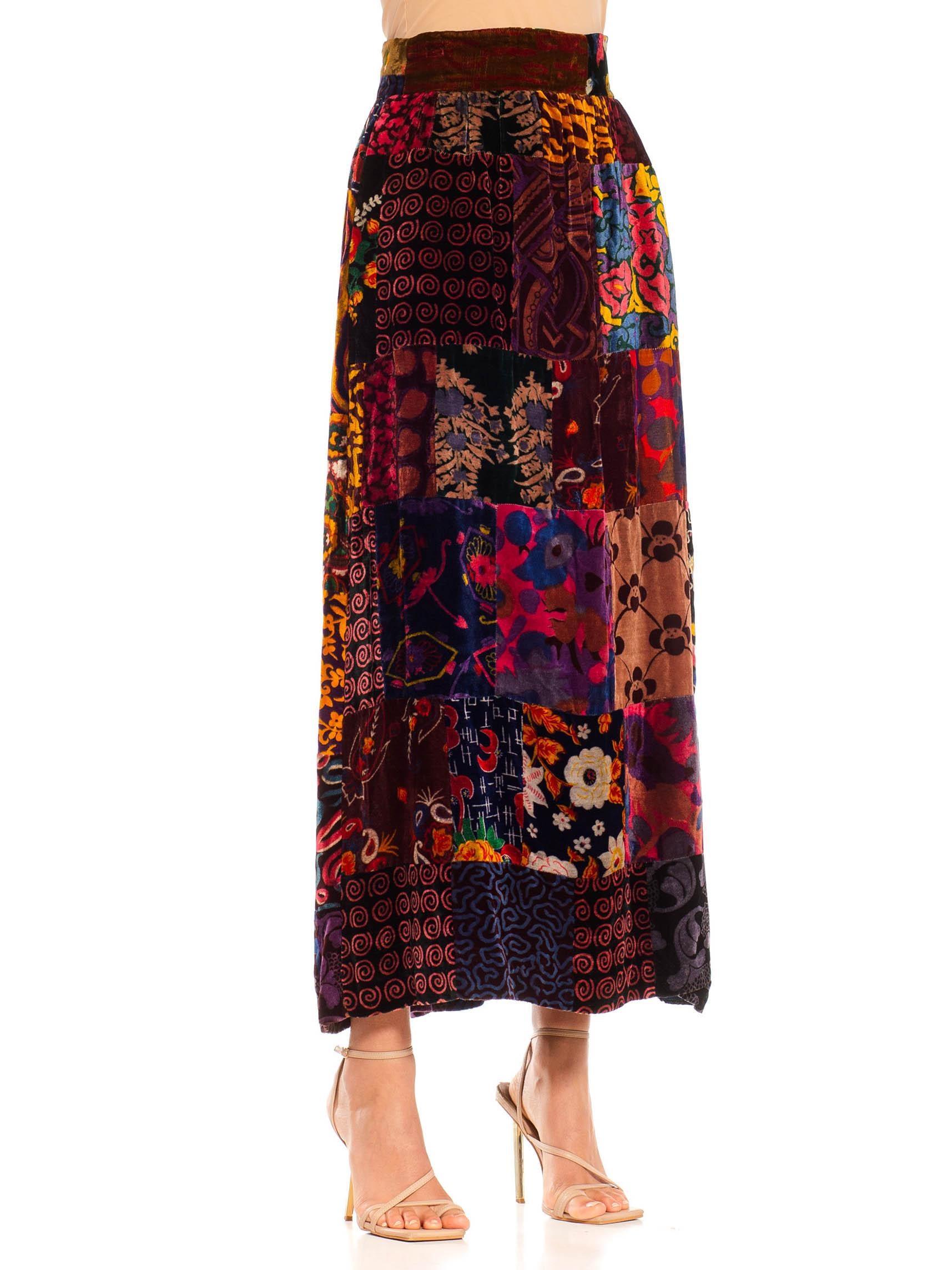 1970S Jewel-Tone Rayon Blend Velvet Hippy Patchwork Skirt For Sale 3