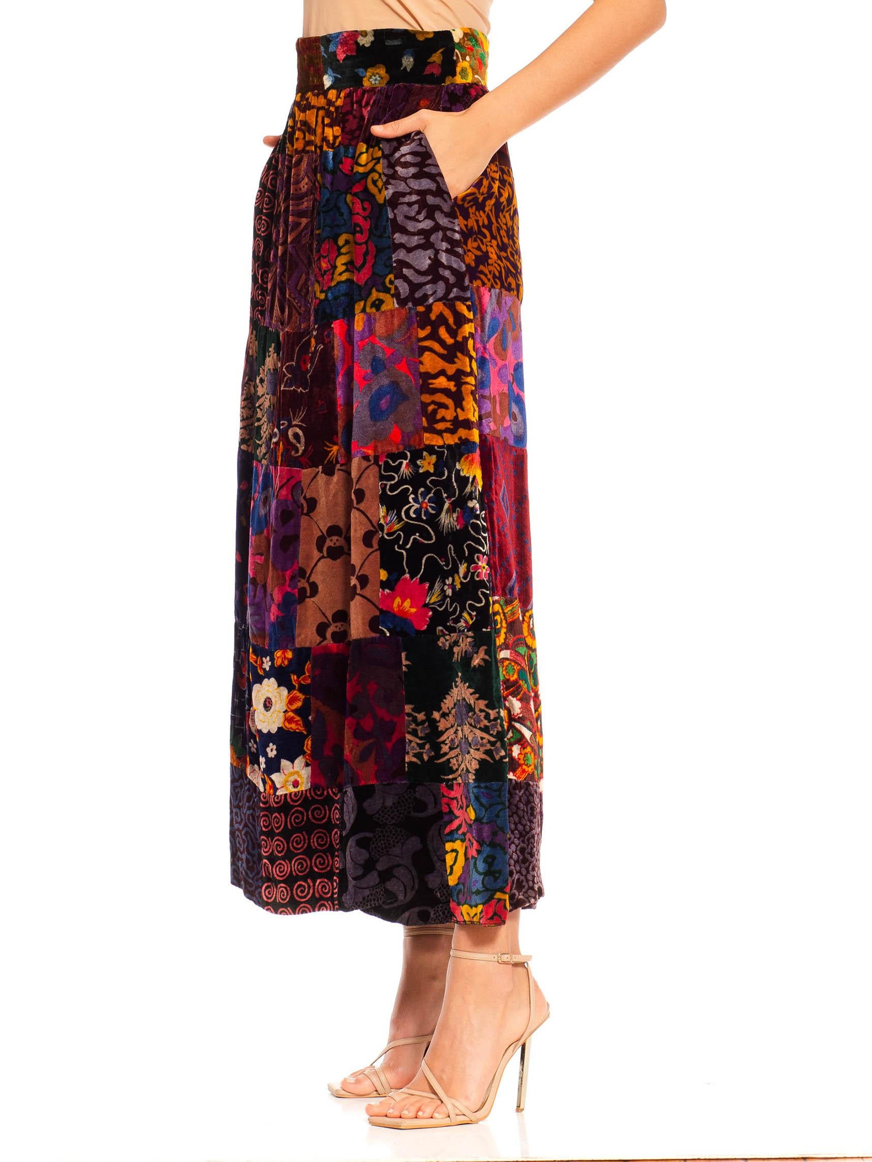 1970S Jewel-Tone Rayon Blend Velvet Hippy Patchwork Skirt For Sale 4
