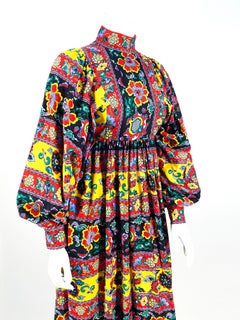 1970s Jewel-Toned Paisley Printed Peasant Dress