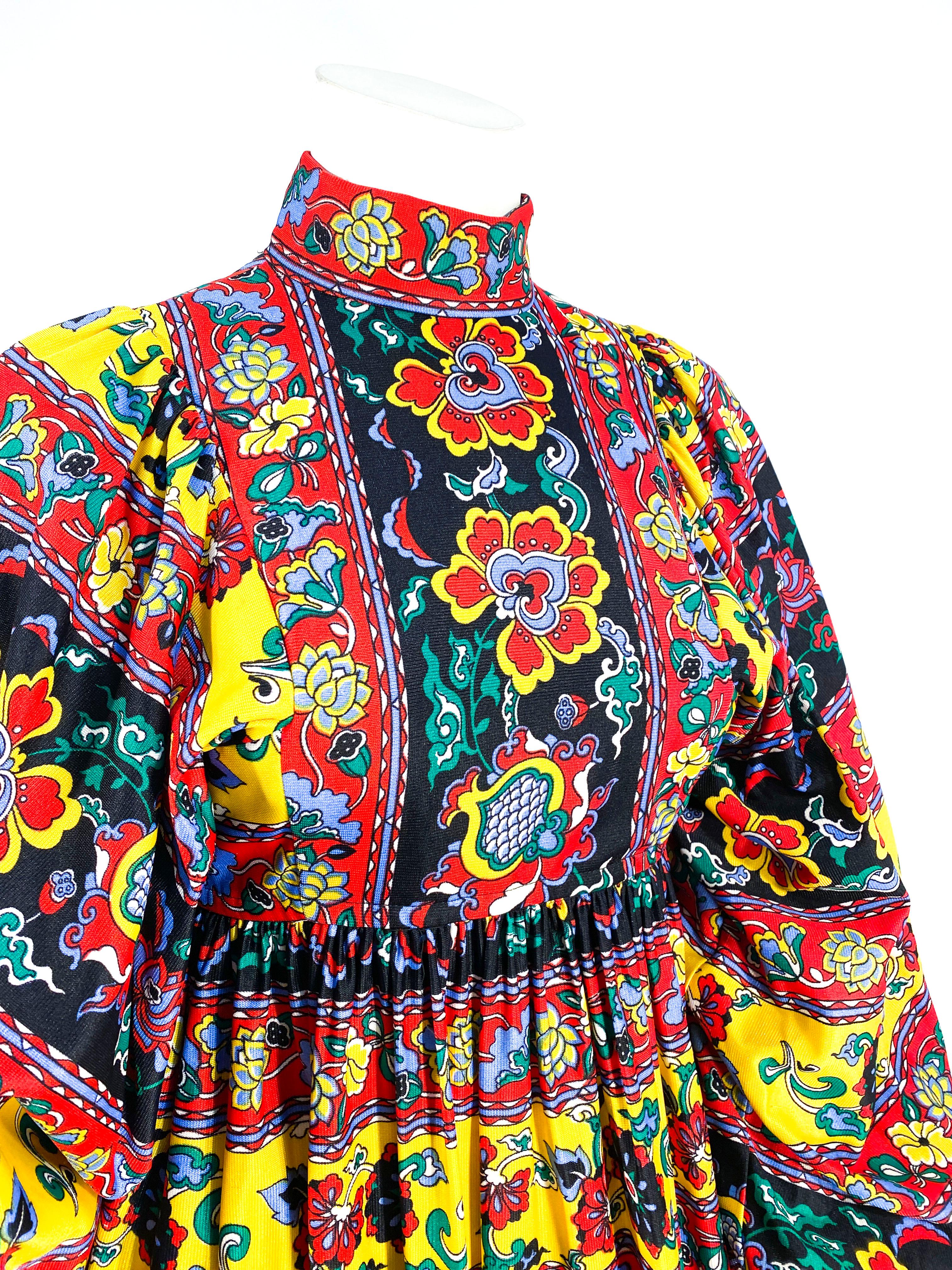 Brown 1970s Jewel-Toned Paisley Printed Peasant Dress For Sale