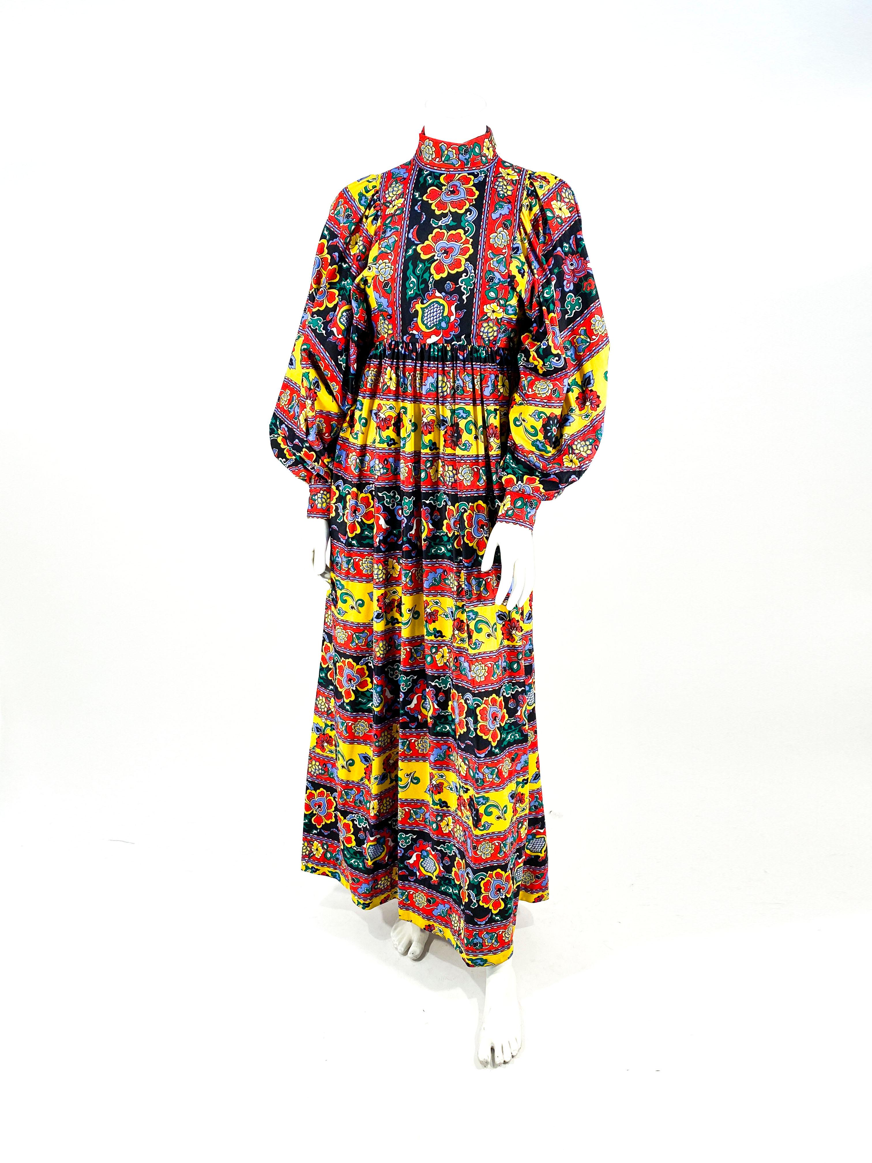 Women's 1970s Jewel-Toned Paisley Printed Peasant Dress For Sale