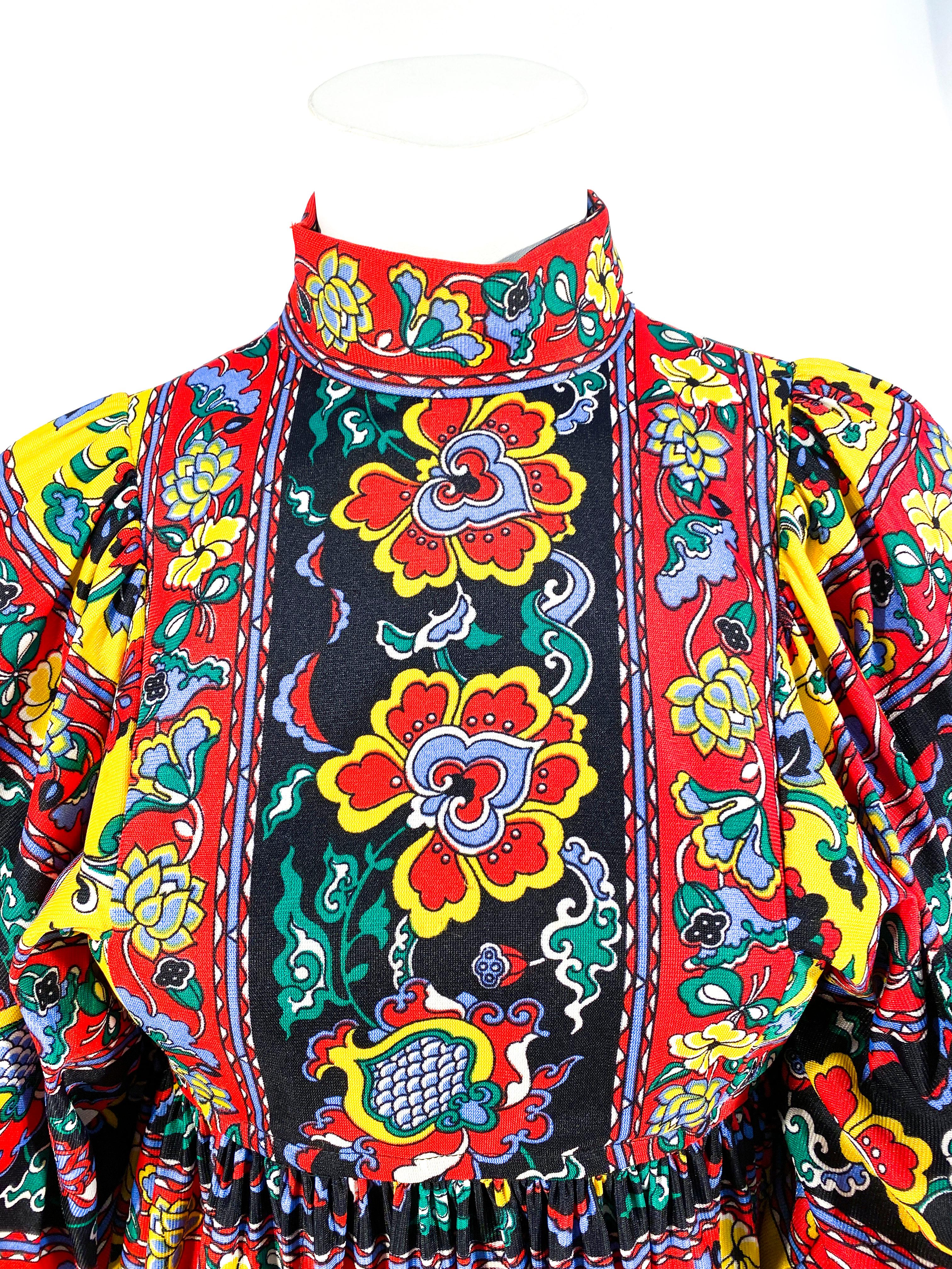1970s Jewel-Toned Paisley Printed Peasant Dress For Sale 1