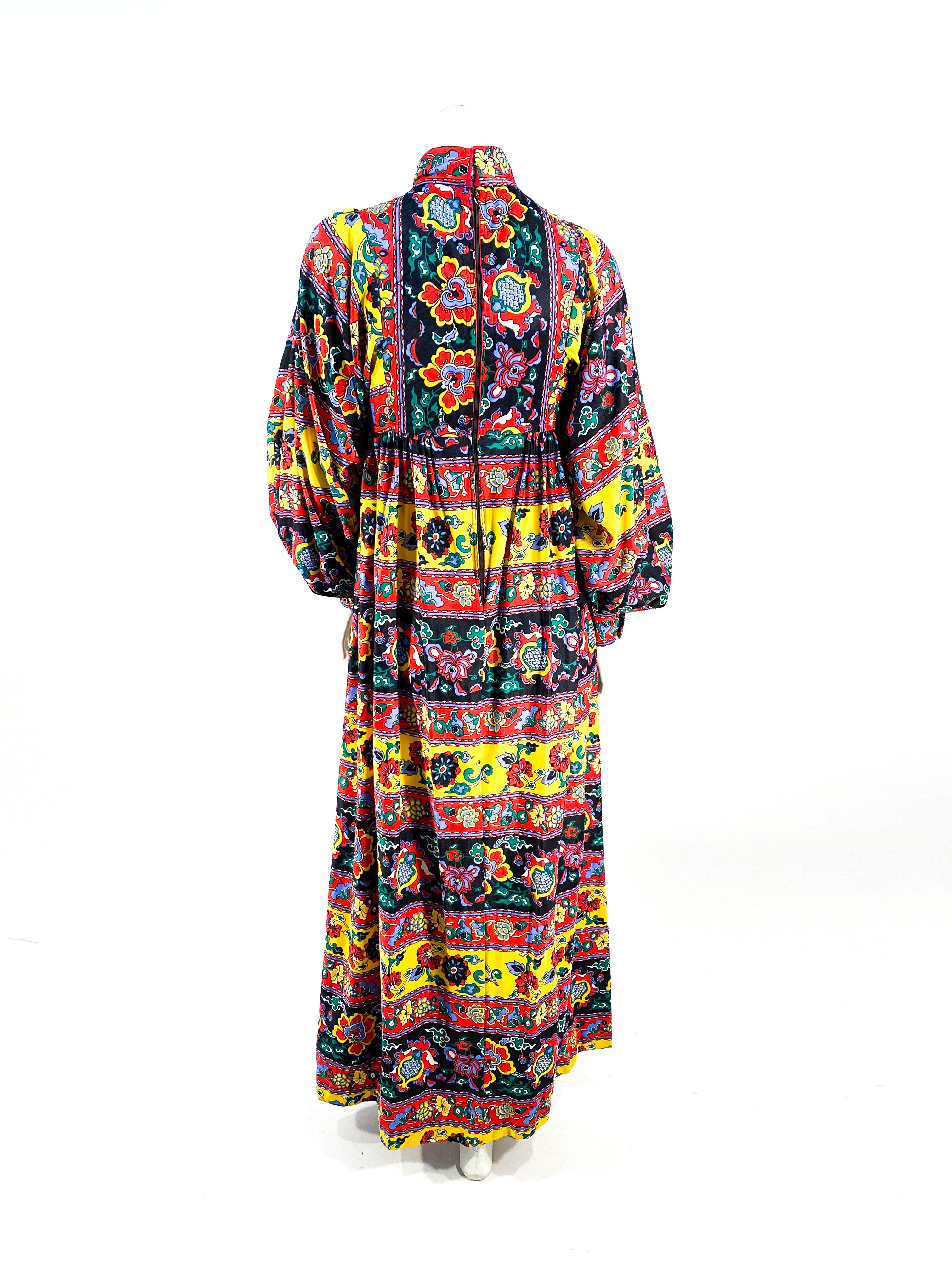 1970s Jewel-Toned Paisley Printed Peasant Dress For Sale 3