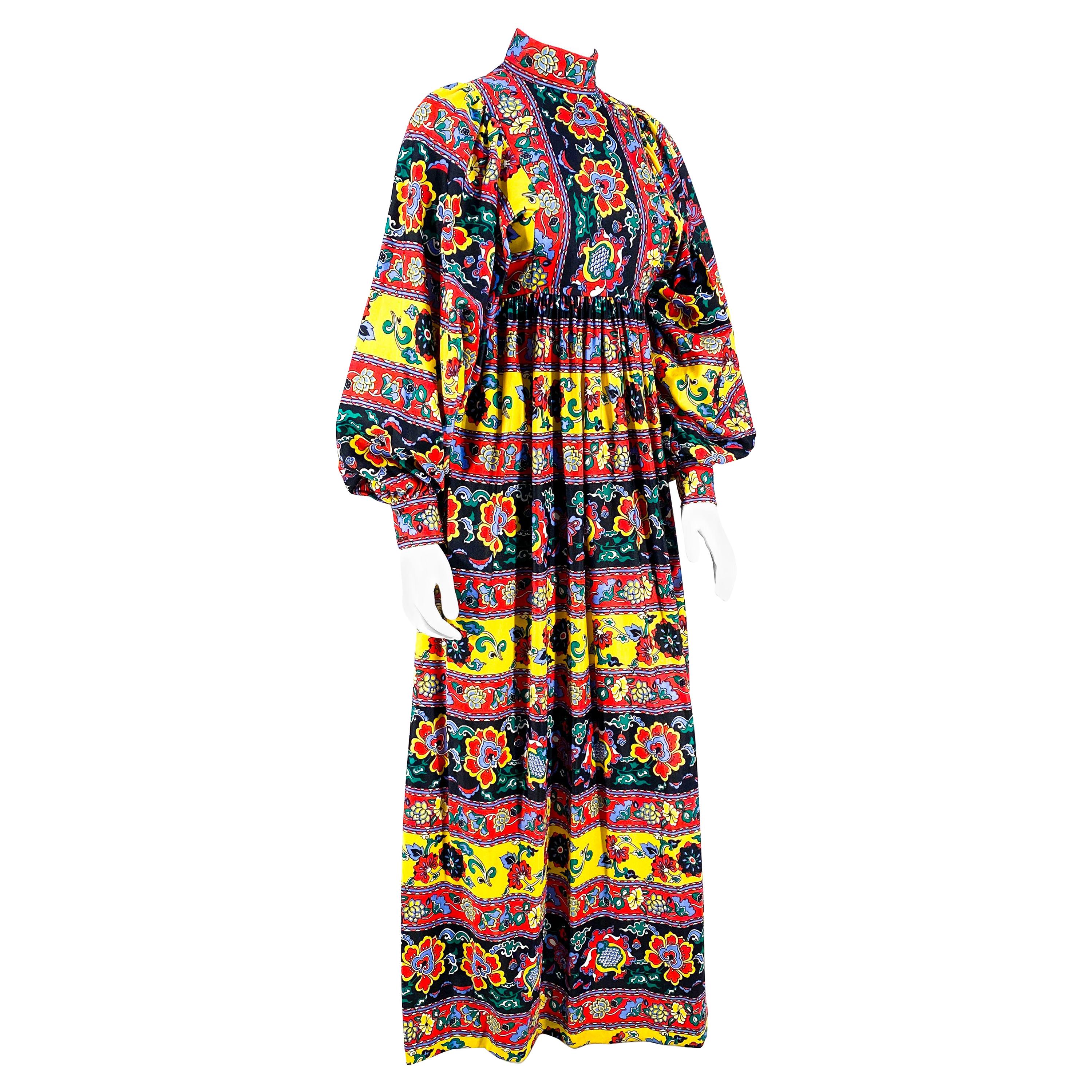 1970s Jewel-Toned Paisley Printed Peasant Dress For Sale