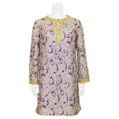 Retro 1970's Jewel Tones Brocade Tunic/Mini Dress Trimmed in Gold Metallic Braid