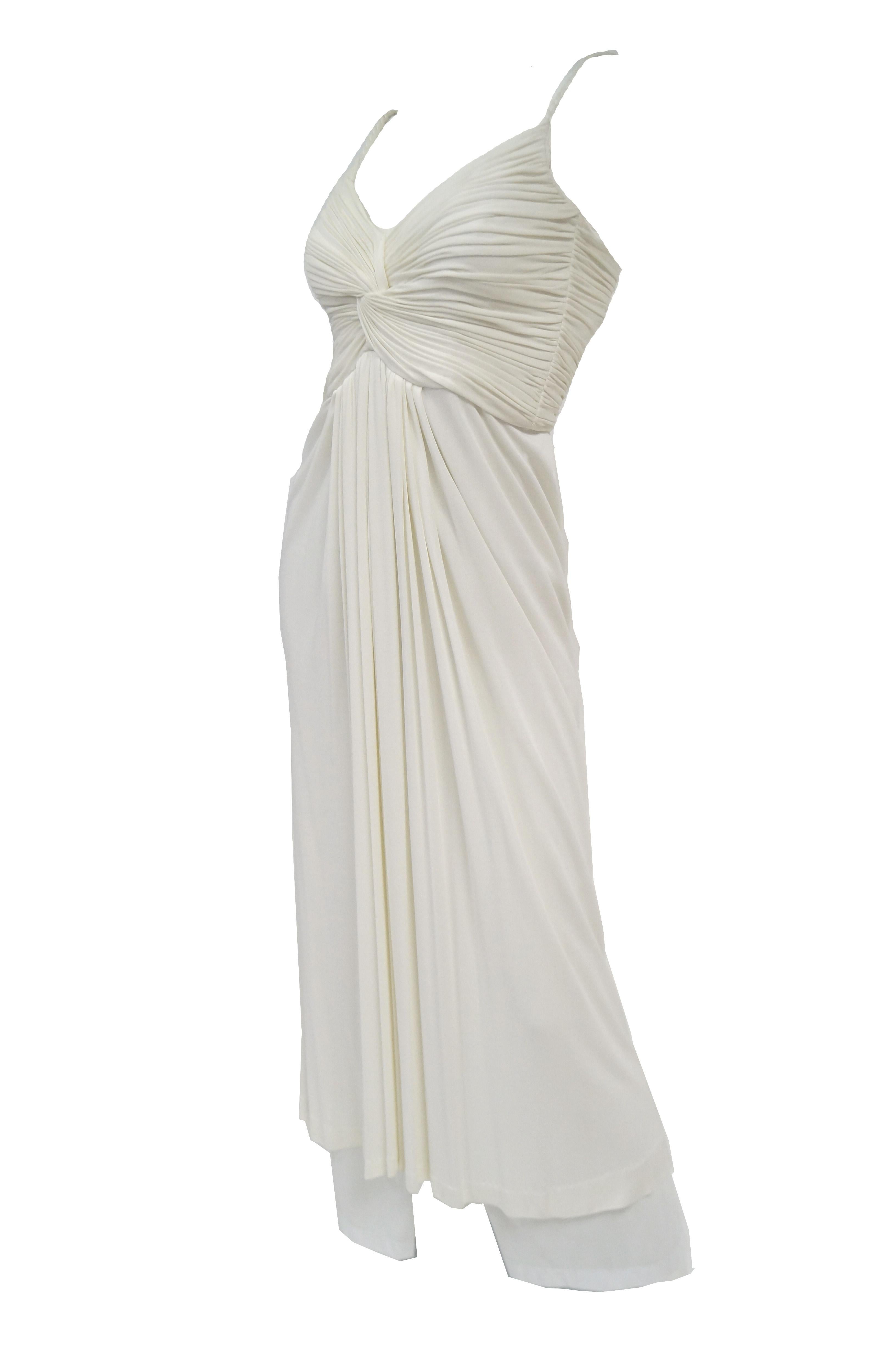Women's 1970s Jill Richards White Knit Grecian Gown with Feather Trim Shawl