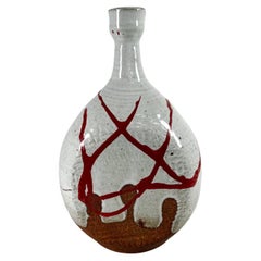 1970s JM Abstract Red and White Studio Pottery Vase Vessel