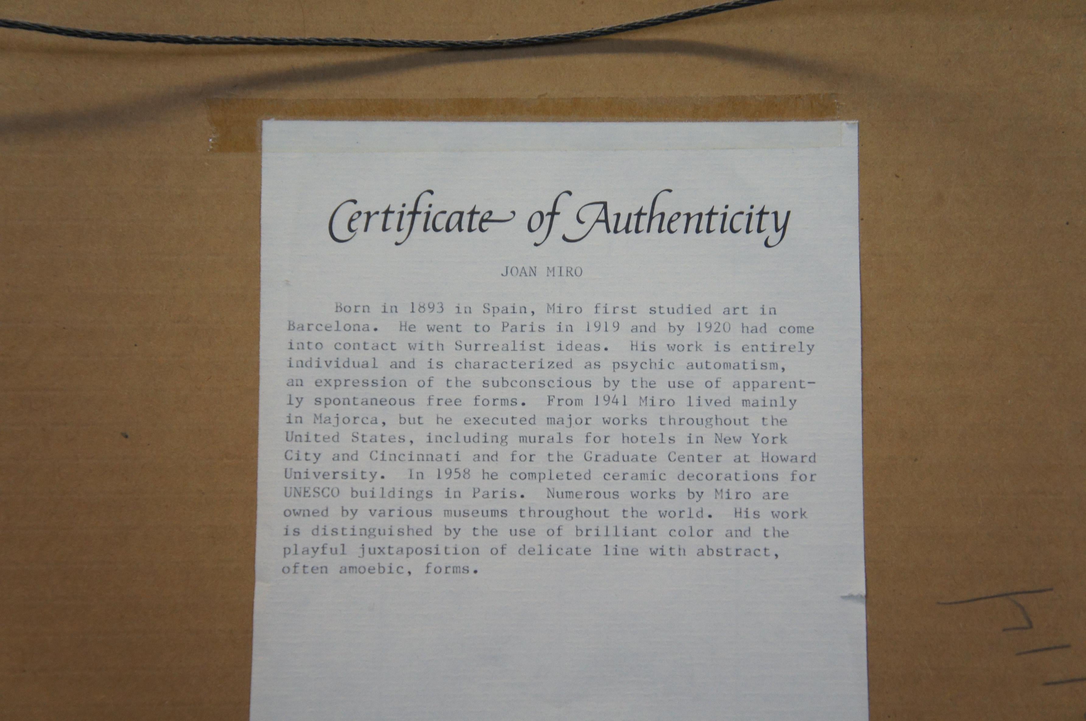 Lithographie abstraite Joan Miro encadrée Hibou abstrait, MCM COA, années 1970 en vente 1