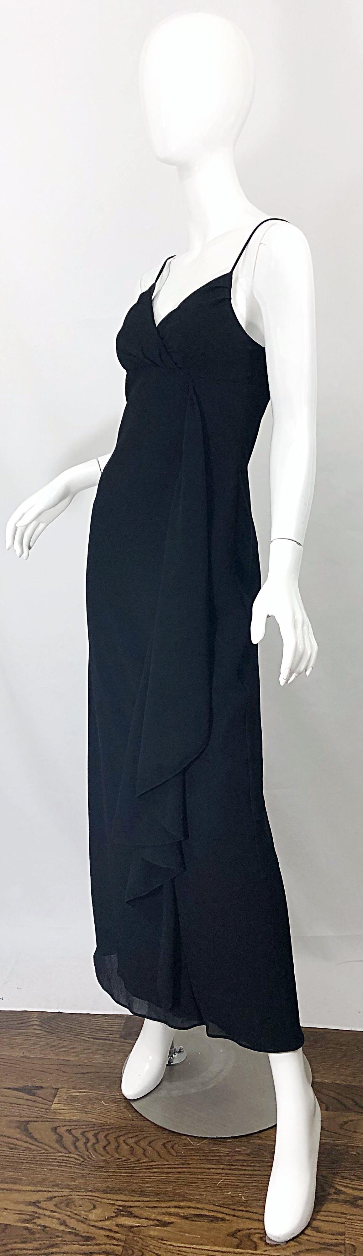 1970s Jody T Black Chiffon Spaghetti Strap Draped Vintage 70s Gown Maxi Dress For Sale 4