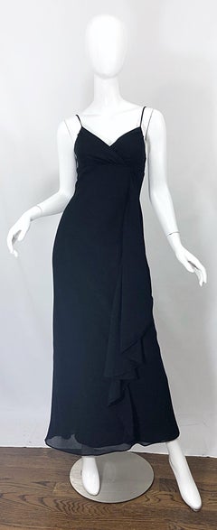 1970s Jody T Black Chiffon Spaghetti Strap Draped Vintage 70s Gown Maxi Dress