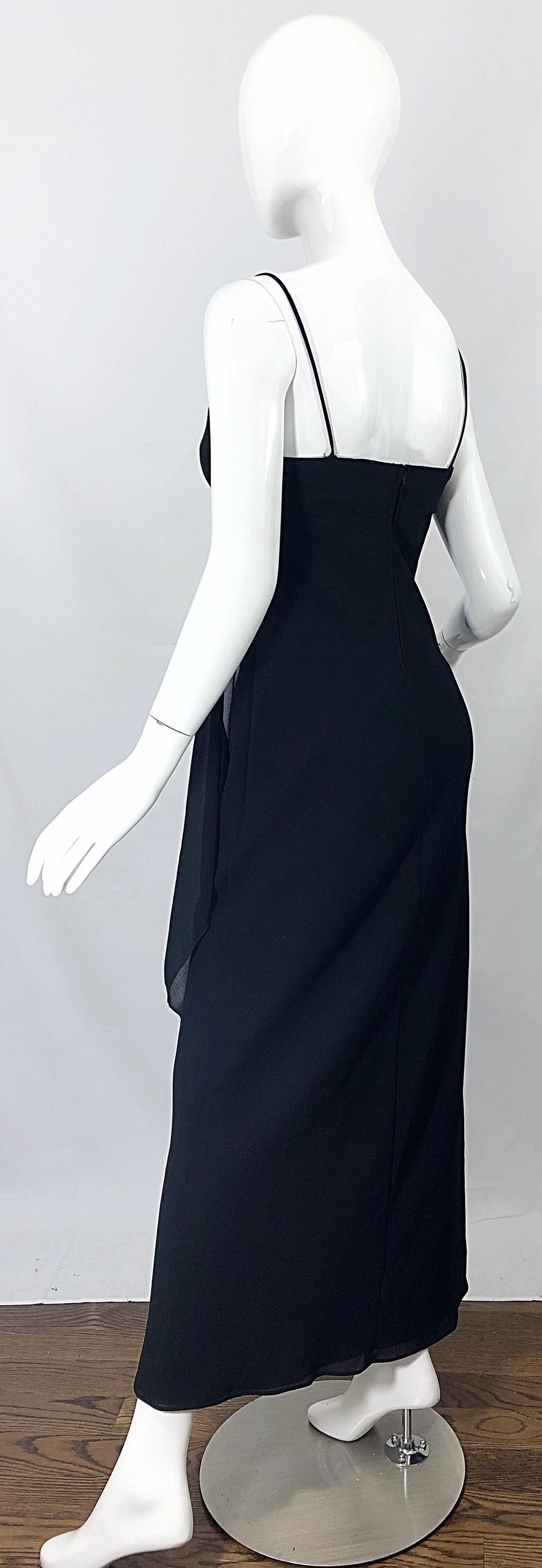 1970s Jody T Black Chiffon Spaghetti Strap Draped Vintage 70s Gown Maxi Dress In Excellent Condition For Sale In San Diego, CA