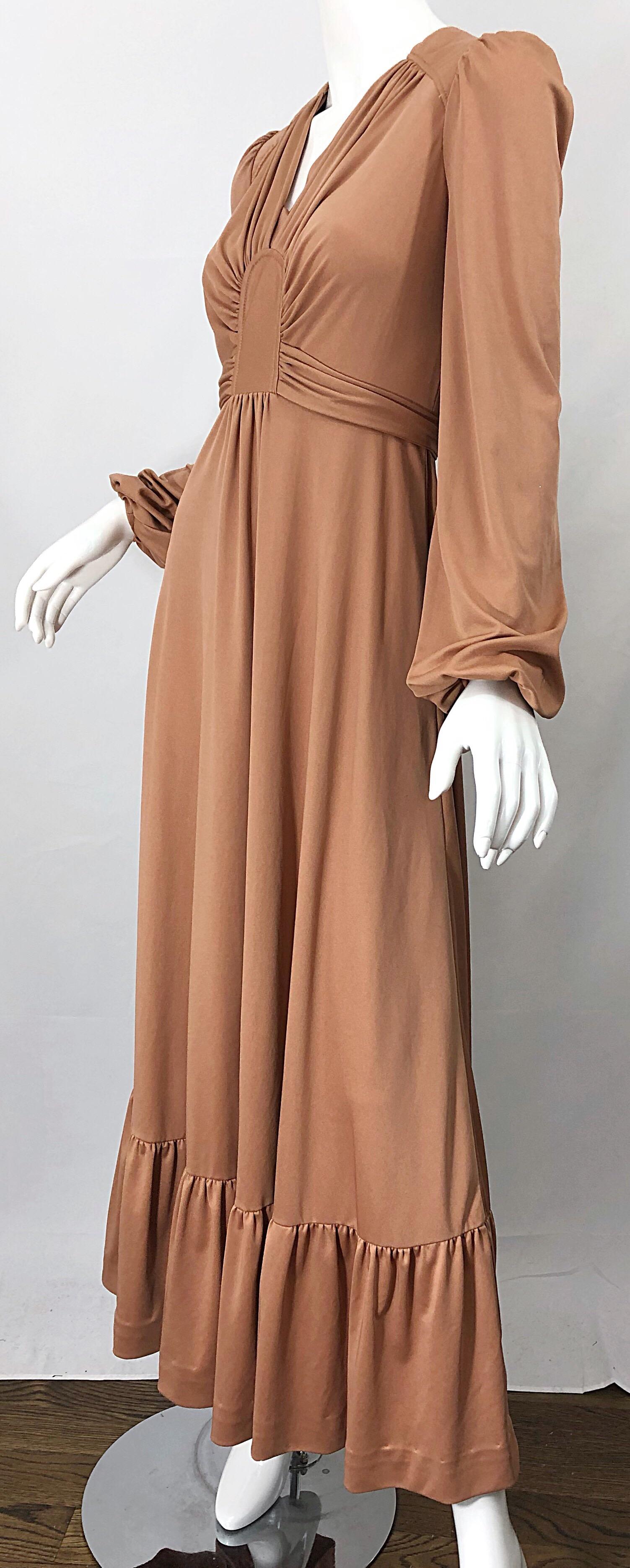 1970s Jody T Terracotta Tan Deco Style Vintage 70s Long Sleeve Jersey Maxi Dress 2