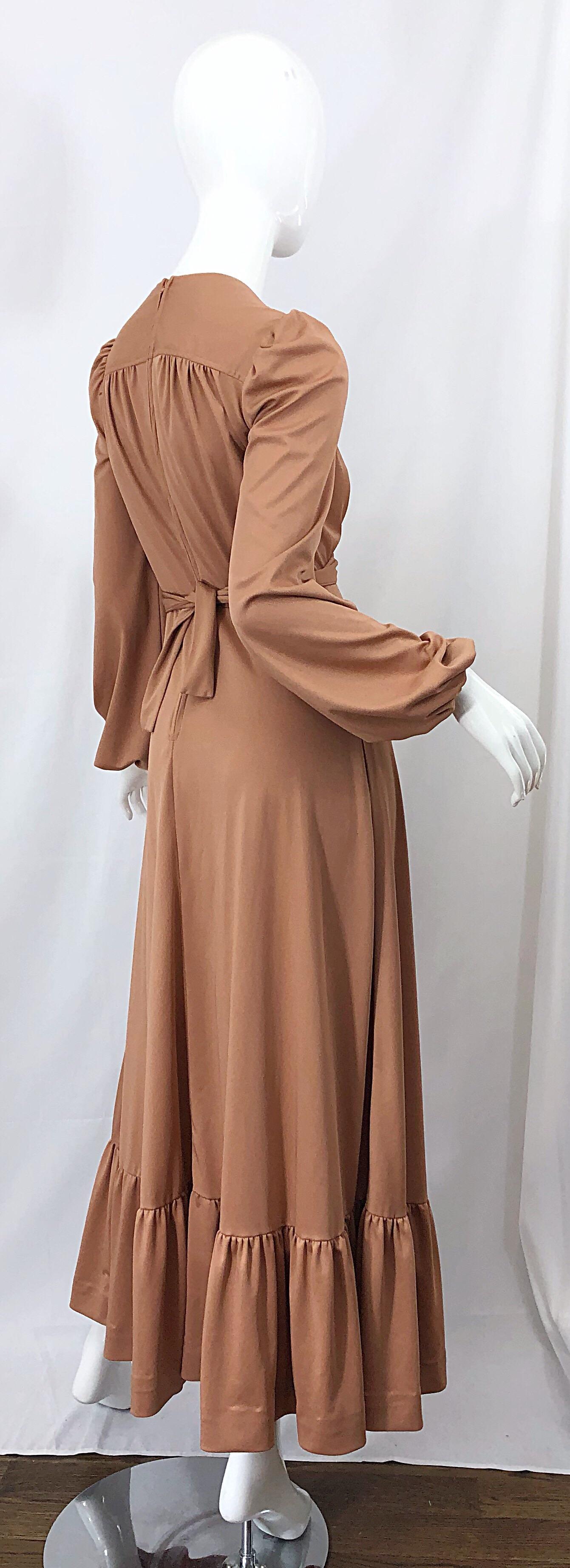 1970s Jody T Terracotta Tan Deco Style Vintage 70s Long Sleeve Jersey Maxi Dress 3