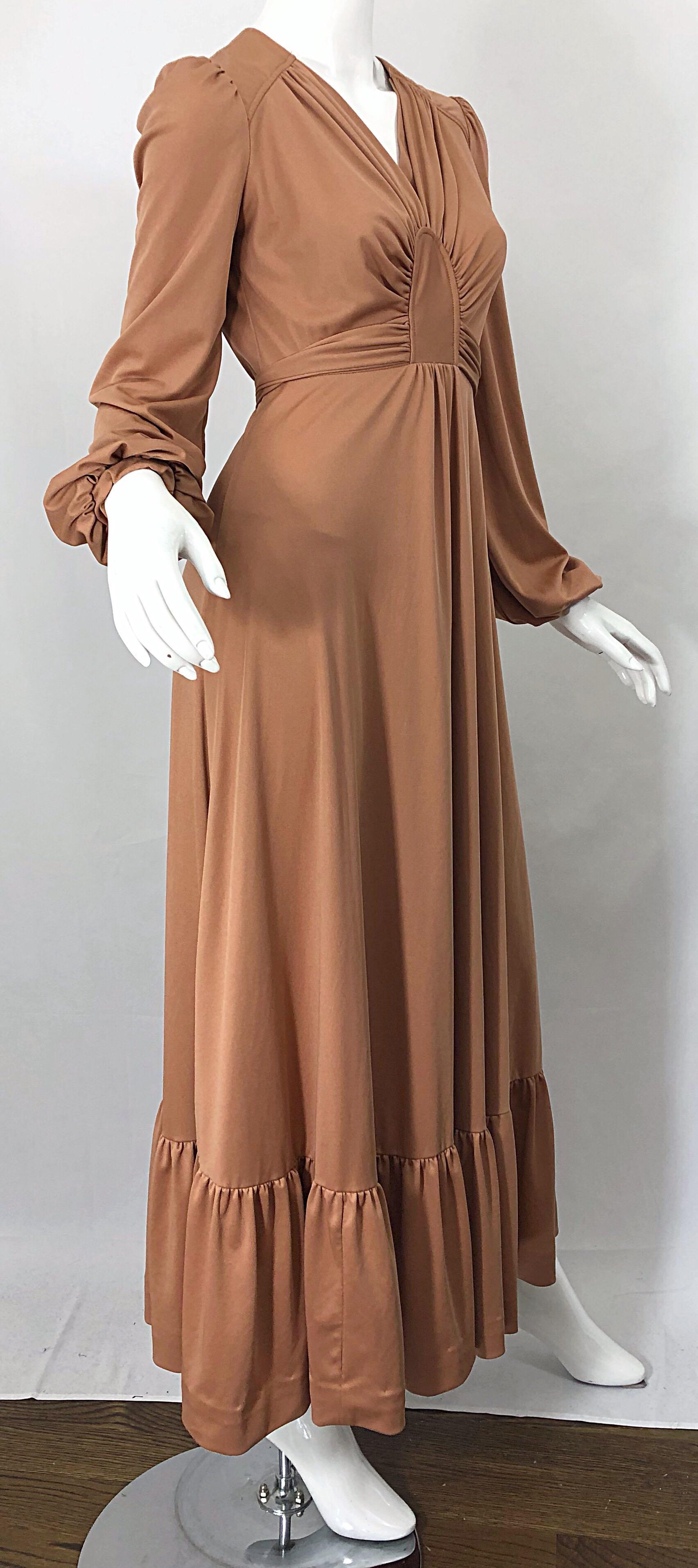 1970s Jody T Terracotta Tan Deco Style Vintage 70s Long Sleeve Jersey Maxi Dress 4