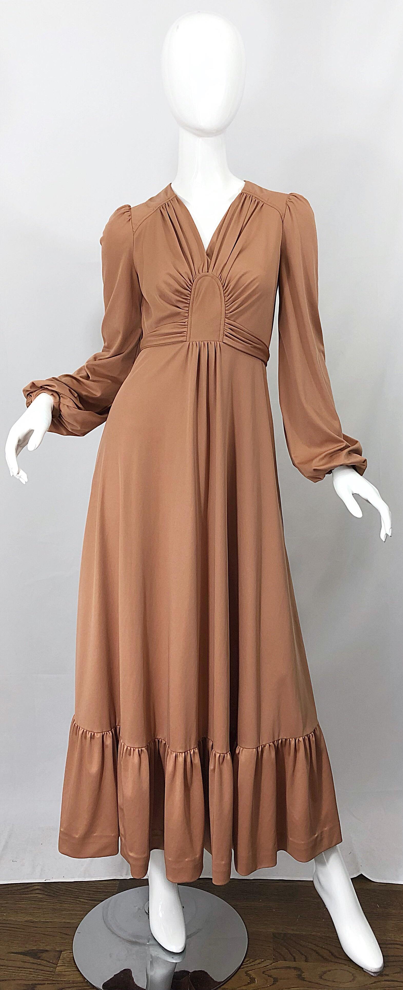 1970s Jody T Terracotta Tan Deco Style Vintage 70s Long Sleeve Jersey Maxi Dress 5