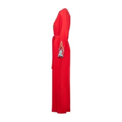 1970s John Bates Red Crepe Maxi-Dress with Sequin Rocket Applique