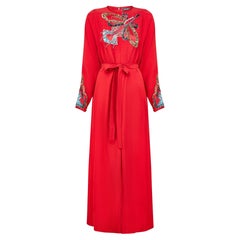 1970s John Bates Red Crepe Maxi-Dress with Sequin Rocket Applique
